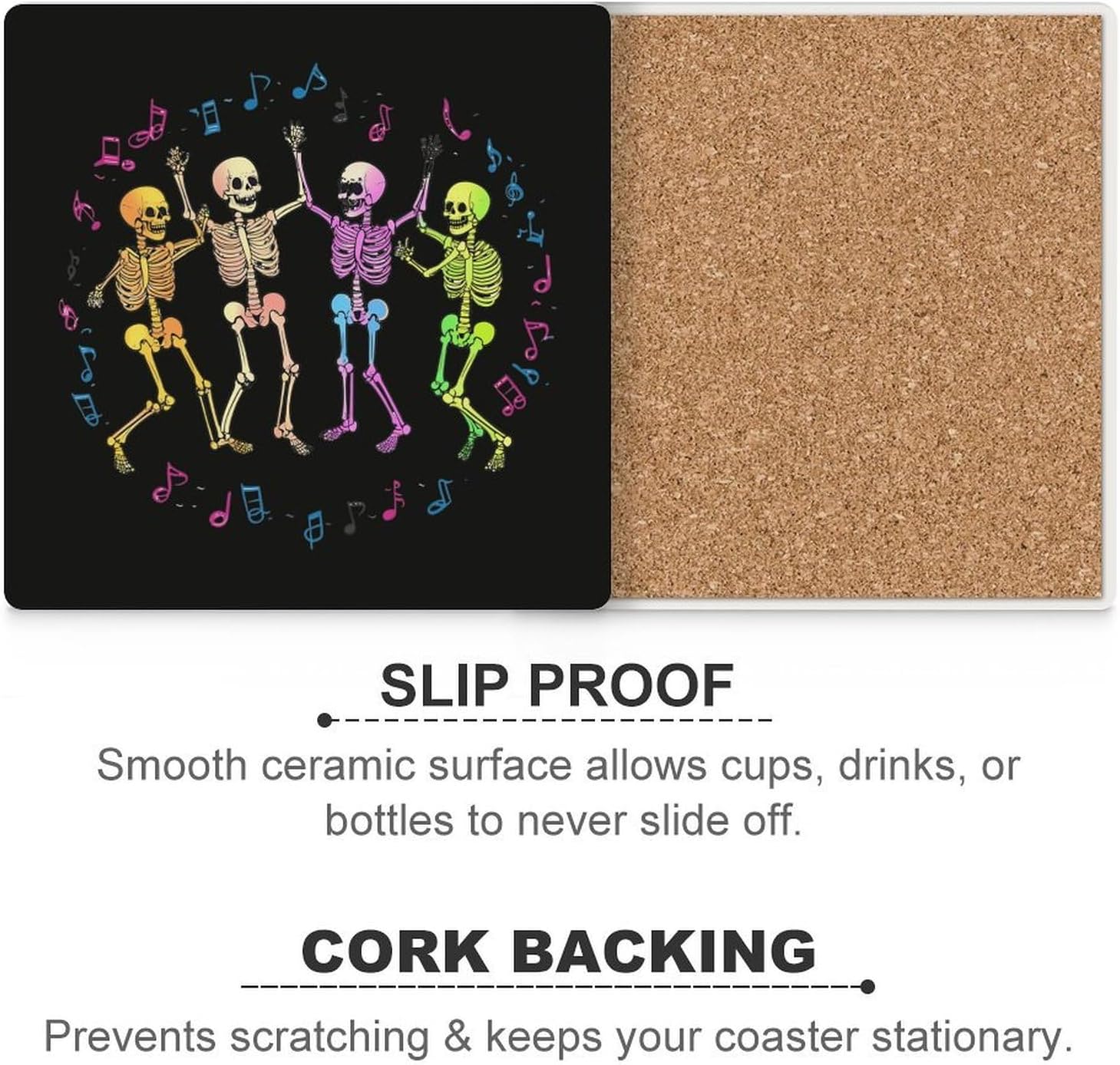Colorful Skeleton Dance Coasters for Drinks Square Table Coasters Set Cup Mats with Cork Base