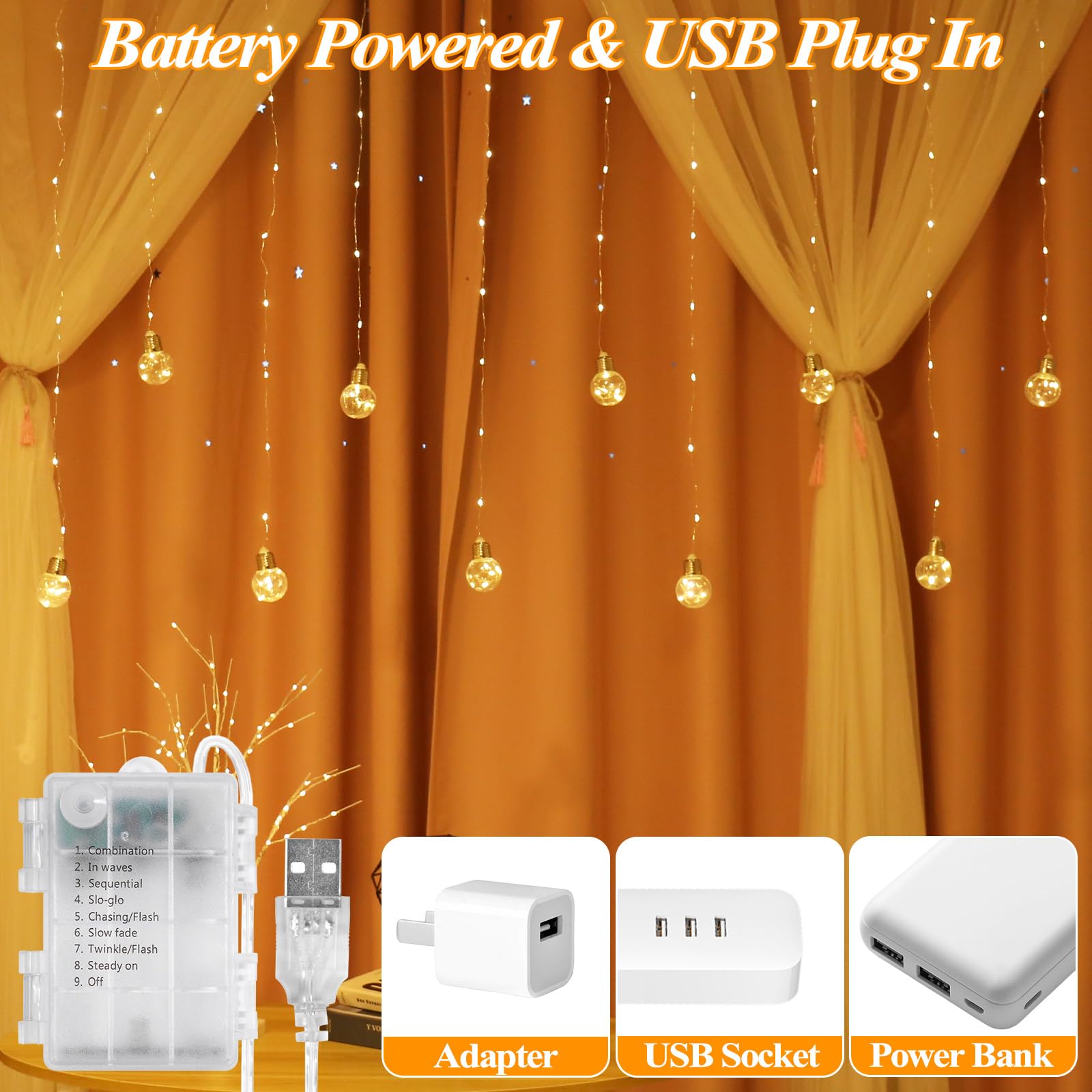 LitHome Wishing Rideau lumineux en forme de boule, 240 LED avec télécommande, alimenté par USB, guirlande lumineuse pour chambre à coucher, mariage, fenêtres, décoration intérieure (blanc chaud)