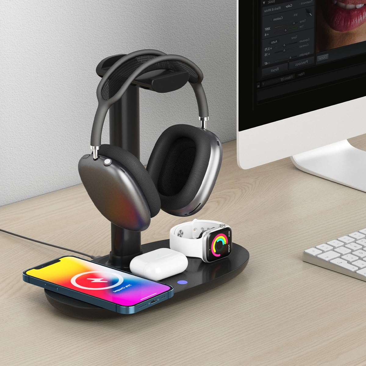 Stazione di Ricarica Wireless 4 in 1 con Supporto per Cuffie per Smartphone, Orologi Intelligenti, Cuffie Wireless