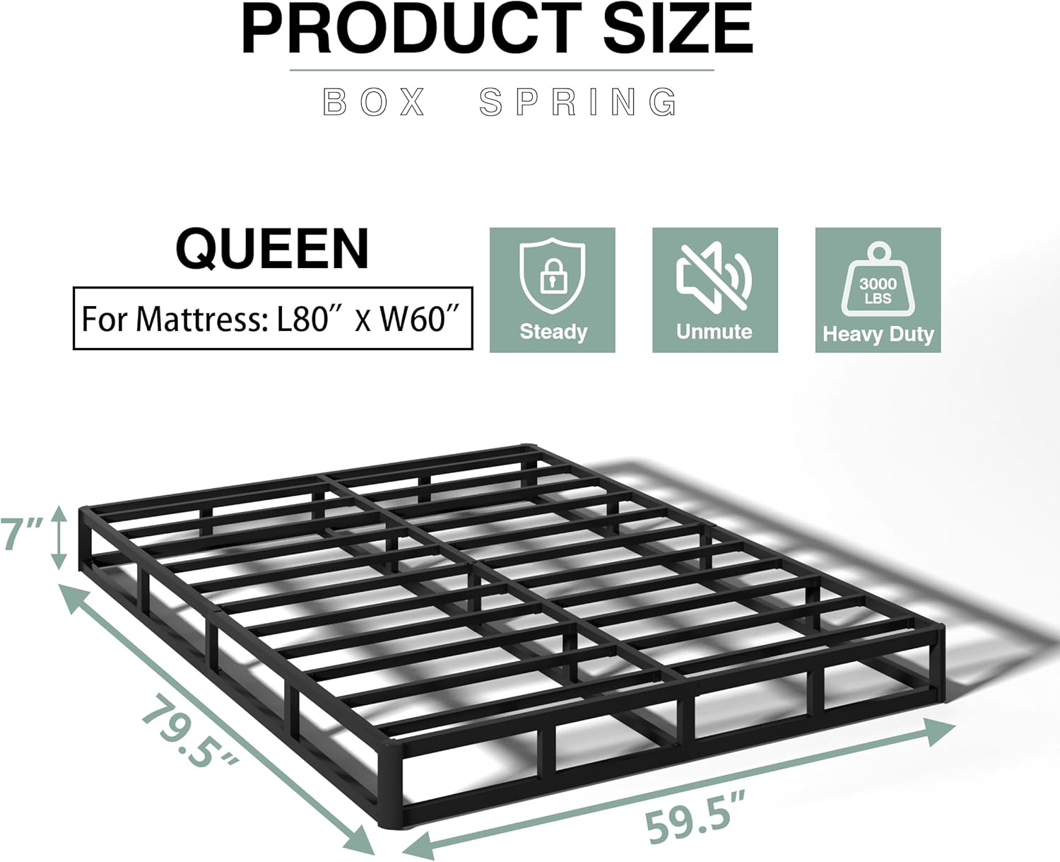 7 Inch Box Spring for Queen Bed, Heavy Duty Metal Mattress Foundation, 3000 lbs Capacity, High Profile, Noise-Free, Easy Assembly with Fabric Cover