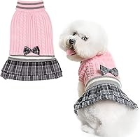 Vista 1 de PAWCHIE Vestido suéter para perro con corbatín, suéter de punto de cuello alto para perros pequeños y niñas, suéter de clima frío con agujero