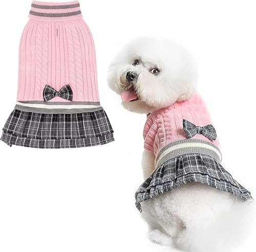 PAWCHIE Vestido suéter para perro con corbatín, suéter de punto de cuello alto para perros pequeños y niñas, suéter de clima frío con agujero para