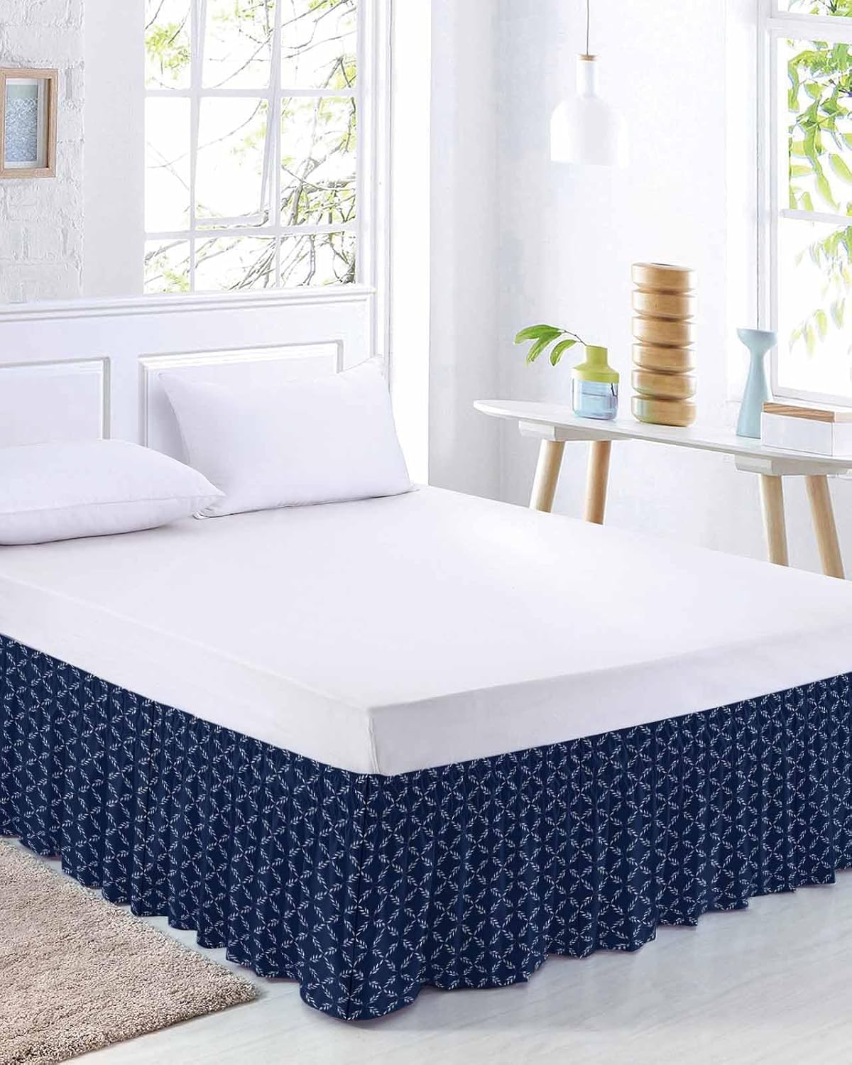 Navy Blue Geometric Bed Skirt Queen Size 16 Inch Drop, Adjustable Elastic Bedskirt Dust Ruffle for Queen Bed, Botanical Modern Abstract Art Wrap Around Bed Skirts Pleated Bed Frame Cover