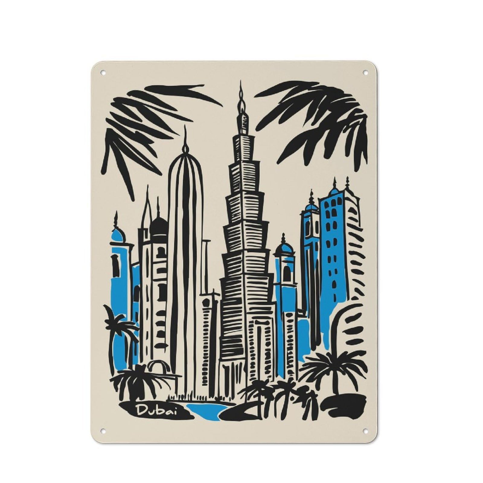 Tin Sign with Dubai Skyline Illustration with Palm Trees Design 40x30cm, Understated Studio Wall Plaque for Hobby Room, Office, Lounge Or Living Room