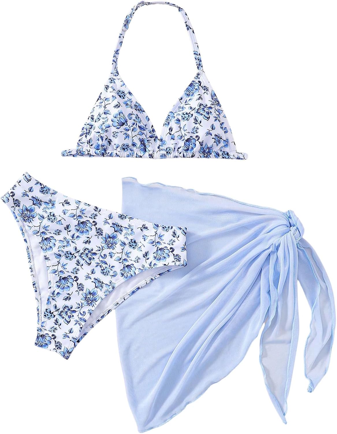 SHENHE Girl's Swimsuits 3 Piece Halter V Neck Floral Bikini Set with Mesh Skirt Cover Up
