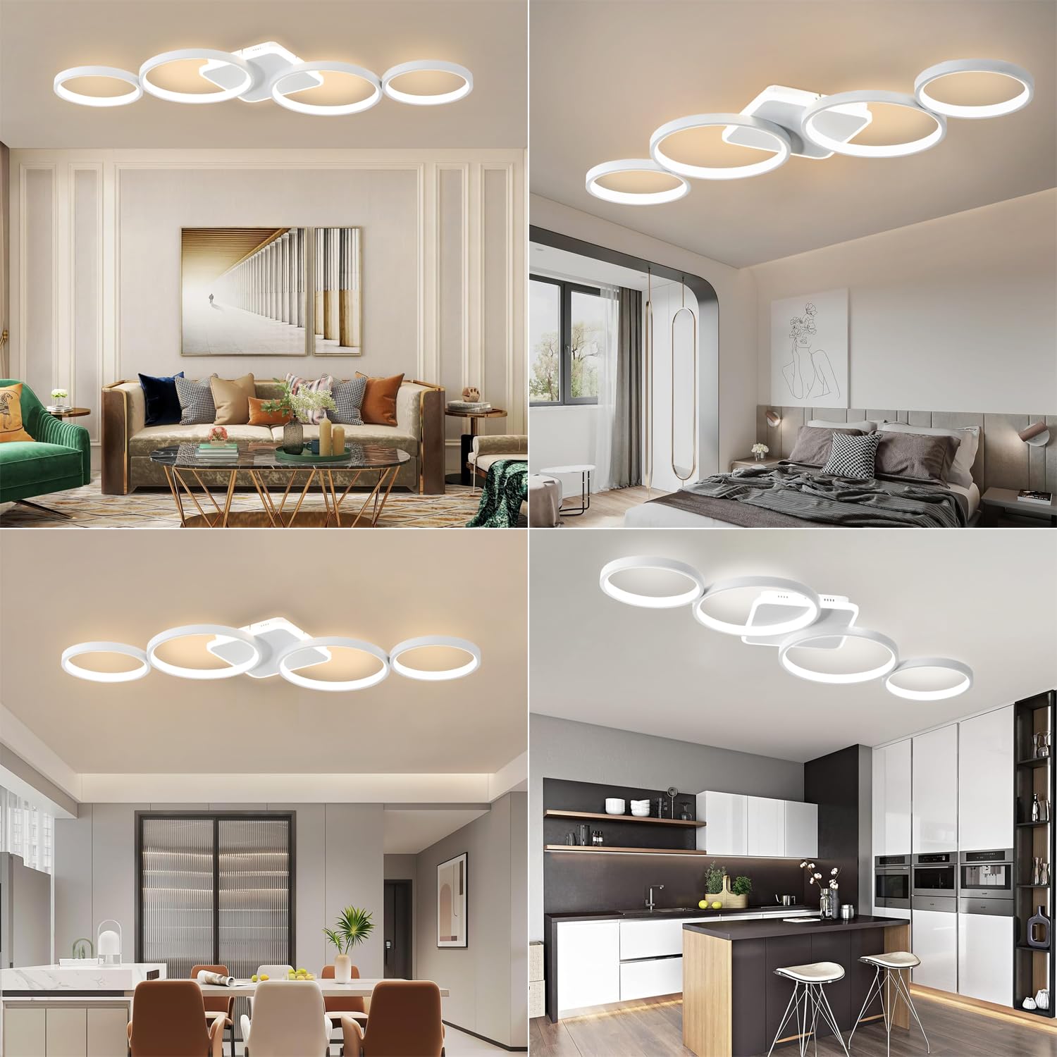 94cm Lámpara de Techo LED Regulable Lampara Techo 54W Blanco | Lámpara de Dormitorio con Mando a Distancia APP, Iluminación de Techo Moderna con Redonda de 4 Anillos para Salón