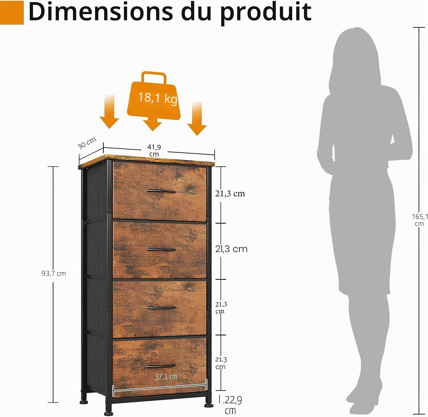 CAIYUN Commode 4 Tiroirs, Meuble de Rangement à Tiroirs en Tissu, pour Chambre à Coucher, Couloir, Entrée, Salon, Cadre en Métal, Plateau Bois, Marron