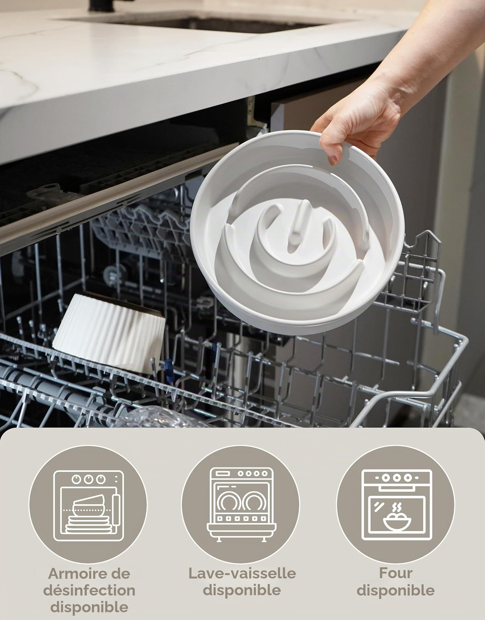 Gamelle Anti-Gloutonie pour Chiens de Moyenne et Grande, Bols Surélevés en Céramique pour Slow-Feeder, Antidérapante Gamelle pour Chiens, Ø 21cm, 1000ml, Blanc Ivoire1