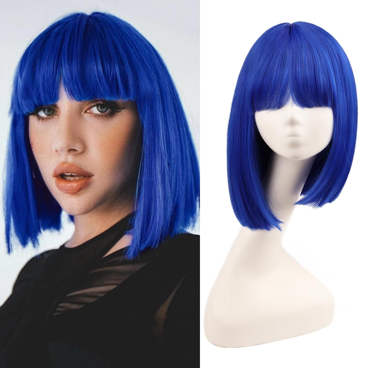 WECAN Blue Bob Wig with Bangs Blue Wig for Women Short Bob