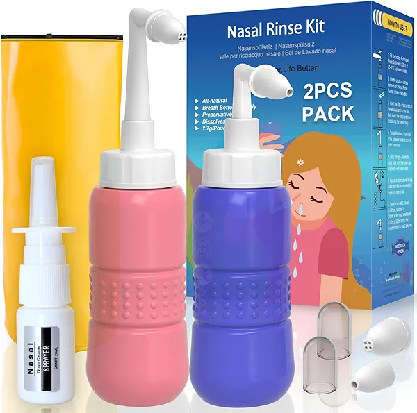 TONELIFE 2PCS-Pack Nose Wash Kit with 2 Soft Nozzles Neti Pot Nasal Cleaner Sinus Rinse Kit Nose Clean Bottle with Empty Sprayer,Without Nasal Rinse Mix (Blue+Pink)
