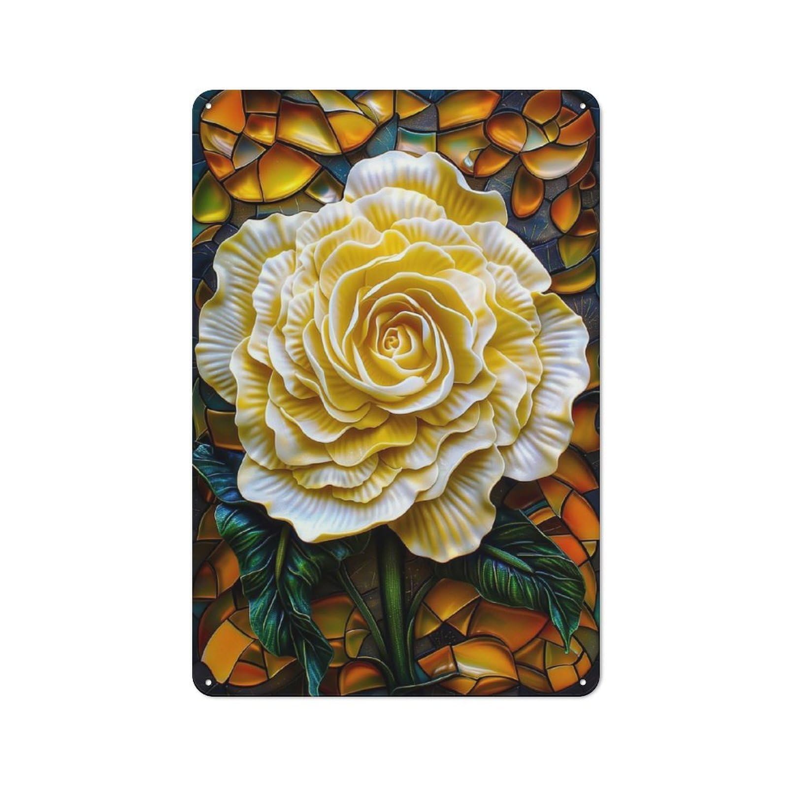 Yellow Rose Stained Glass Art Vintage Metal Sign 30x20cm for Hobby Room Or Studio, Housewarming Present for People Styling Hobby Room And Studio