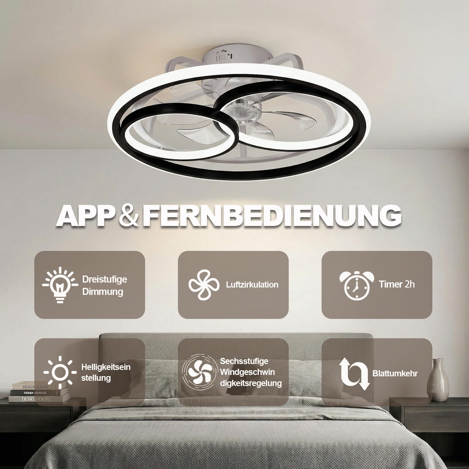 DATO Ventilador de techo con luz, 3 temperaturas de color y 6 velocidades, ventilador de techo LED con lámpara, silencioso y regulable (C)