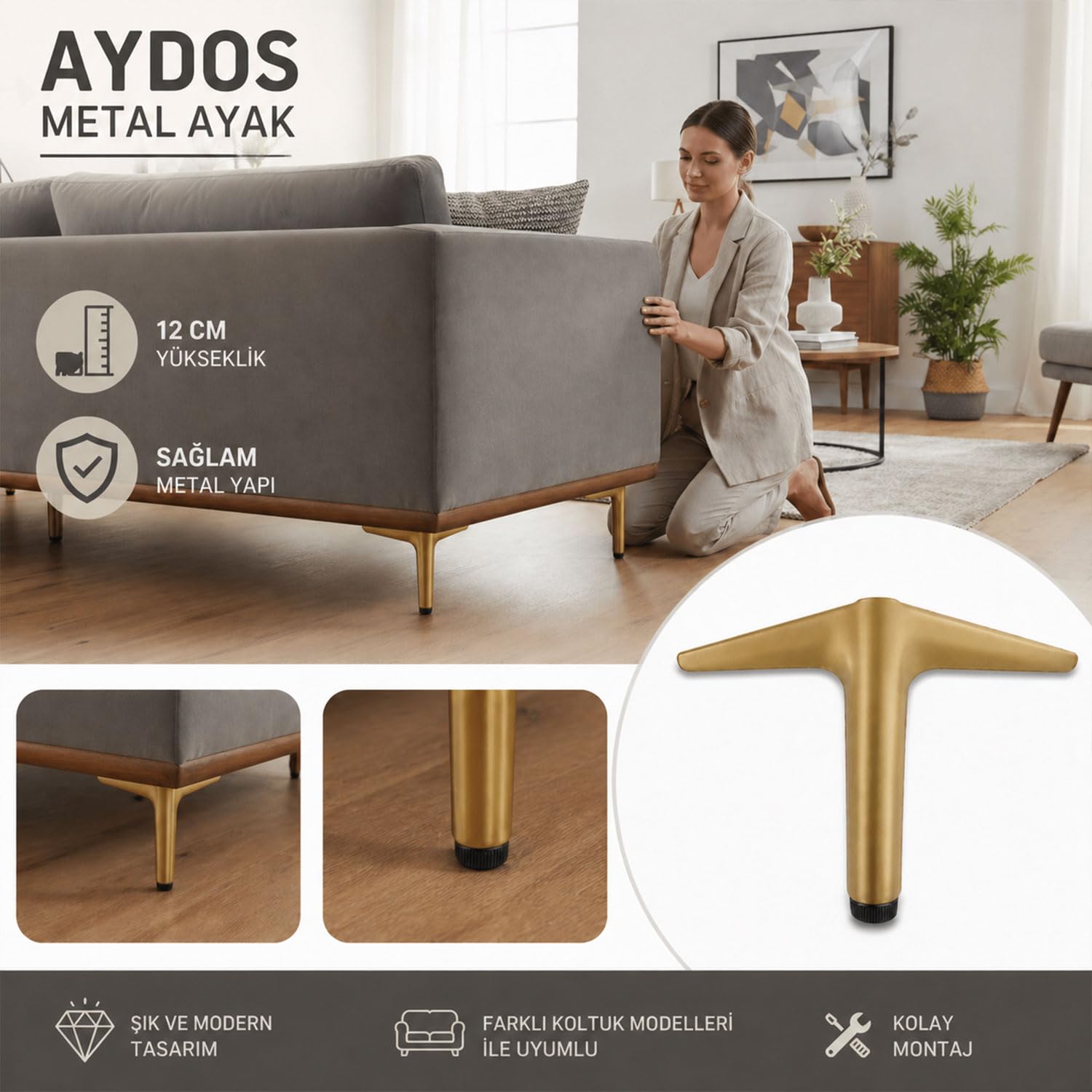 AYDOS Mat Altın Metal Mobilya Ayağı 12 Cm 1 Adet Şık Dayanıklı Koltuk Sehpa Ayağı Modern Tasarım