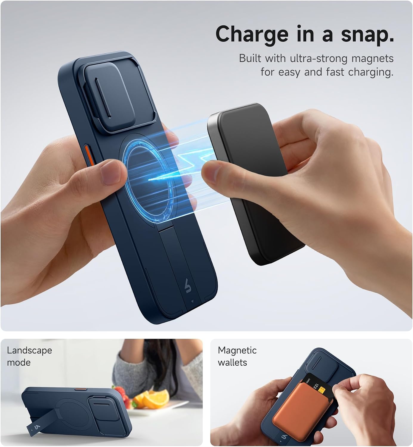 SURITCH for iPhone 13 Pro Case with Magnetic Camera Slide Cover and Adjustable Kickstand, Compatible with MagSafe, Shockproof Bumper Case Slim Protective Cover for iPhone 13 Pro 6.1 Inch, Blue image 3