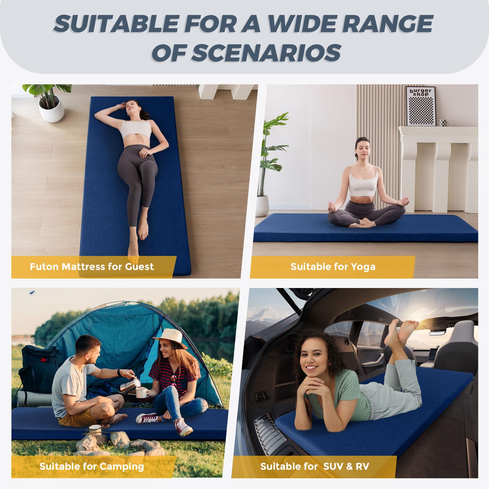 MAXYOYO Matelas Futon Portable, Pliable, en Tissu Hypoallergénique et Mousse épaisse, avec Poignée et Fermeture éclair, pour l'extérieur, Le Camping, Les Invités, la Voiture, Bleu Marine, 90x190cm