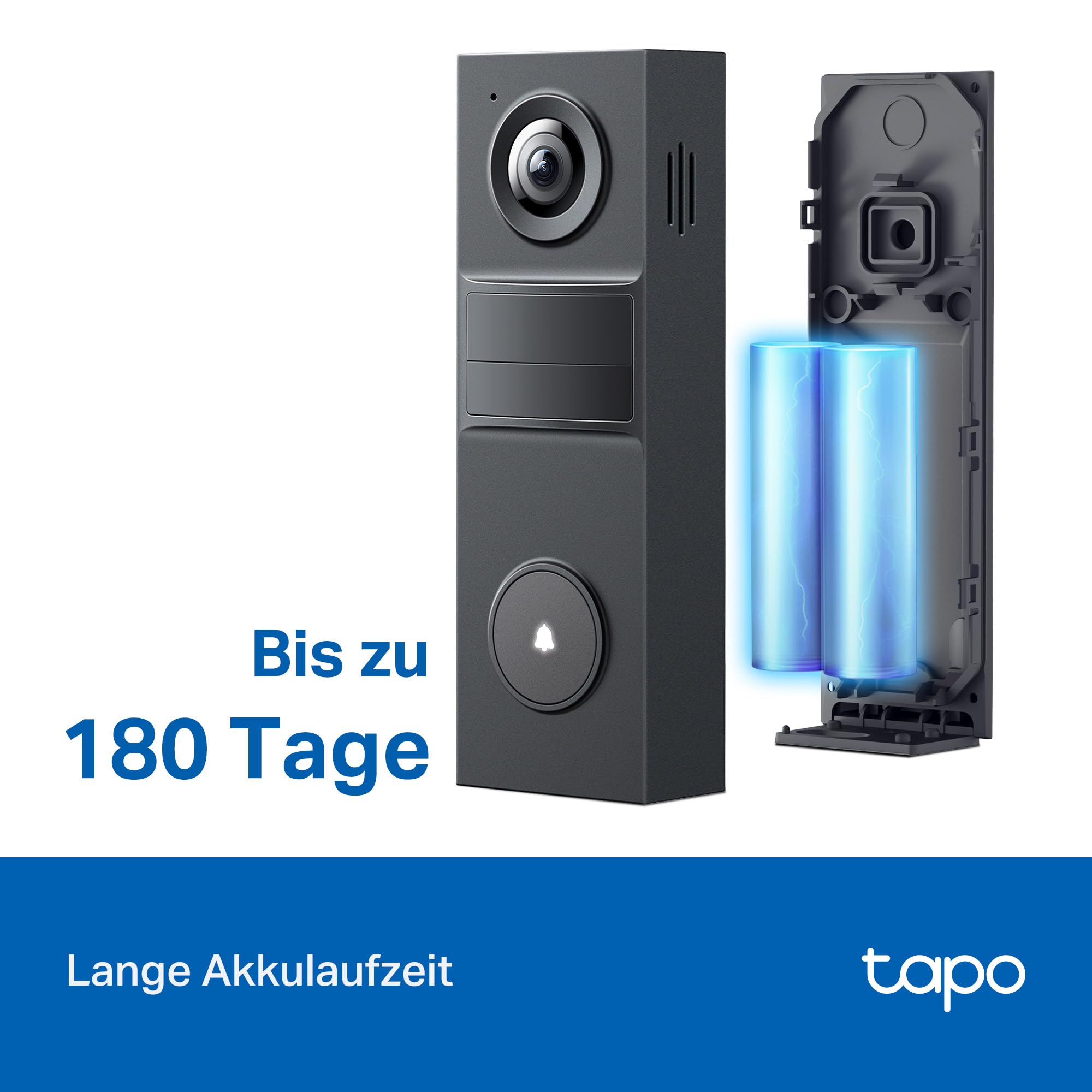 Tapo D205 Akku-Videotürklingel | WLAN Türklingel mit Kamera | 2K, 160° Weitwinkel, Zwei-Wege-Audio | Integrierter Akku | Lokale Speicherung auf microSD & H500 HomeBase | Kompatibel Solarpanel