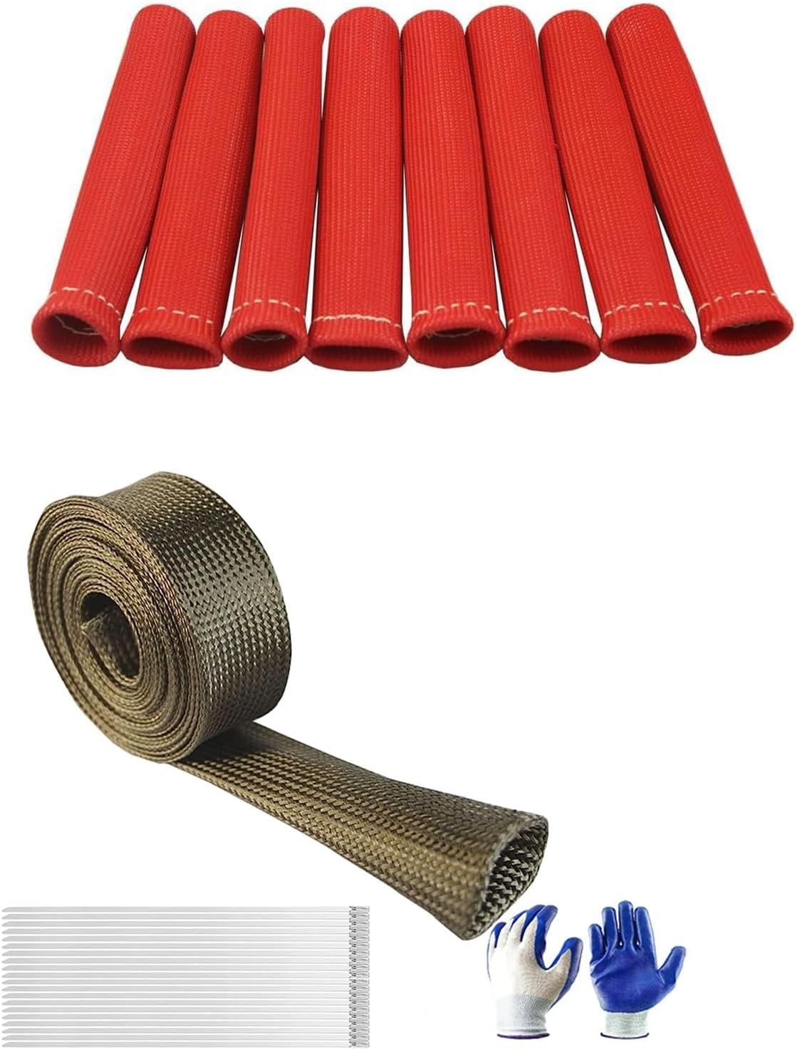 8 PCS 2500° F Spark Plug Wire Heat Shield, 6 Inches Spark Plug Heat Sleeve Protection Cover Replacement with 3/4" IDX10FT Fiberglass Heat Wrap Wire Shield Sleeve Cover Hose, Labor Glove, Metal Zip Tie