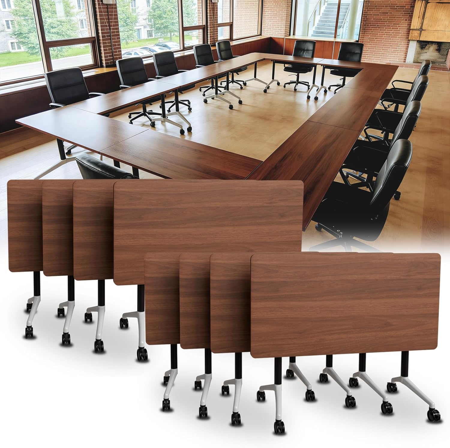 Conference Tables with Wheels,Folding Conference Room Table,Rolling Modular Conference Room Table,Wooden Training Meeting Desk for Office School Classroom University Library (8, Walnut, 61.0IN)