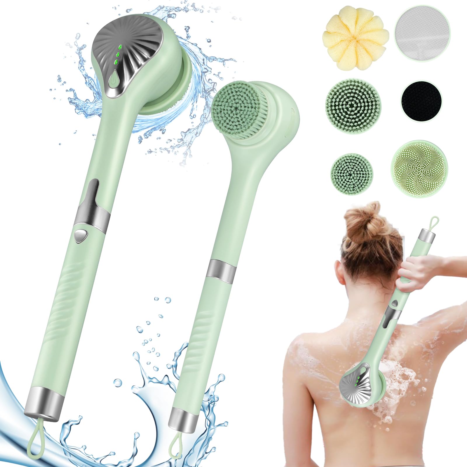 Spazzola Schiena Doccia Elettrica,Spazzola Doccia Elettrica Ip67,Con Manico Lungo,Rotazione 360°,6 Testine,3 Velocità,Spazzola Elettrica Corpo Per Esfoliante,Migliora La Circolazione,Anti Cellulite