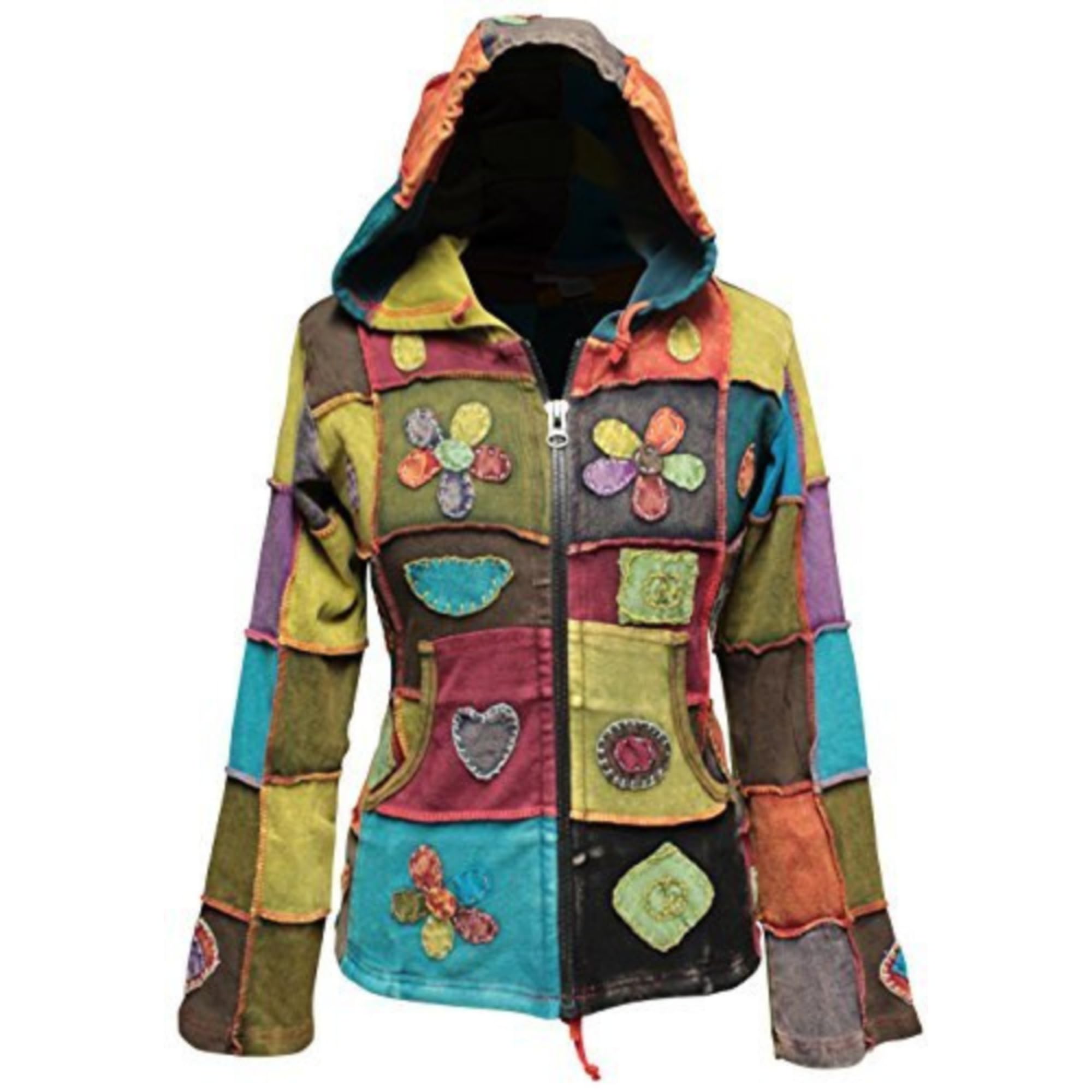 SHOPOHOLIC FASHION Women Love Flower Peace Embroidered Patchwork Hippie Pixie Hooded Jacket, (3XL)