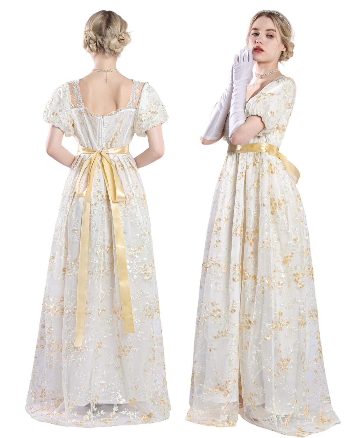 CR ROLECOS Regency abiti da donna con sciarpa vittoriani a maniche Abito sbuffo vita impero