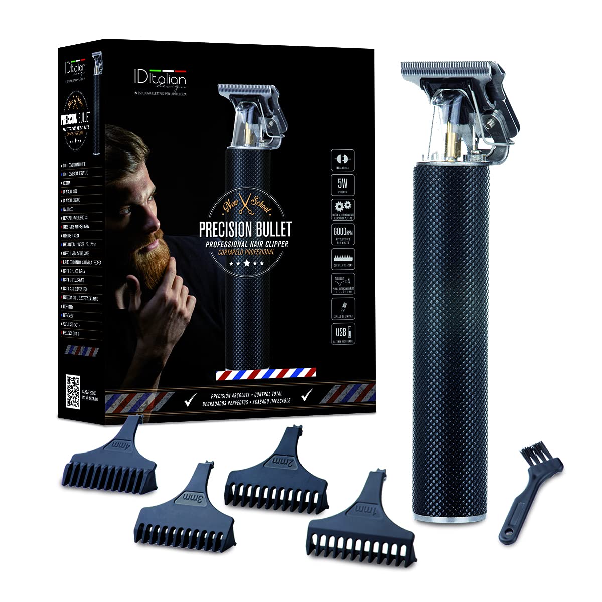 Italian Design Precision Bullet Haarschneider – Präziser Barttrimmer & Detailer mit Edelstahlklingen, 4 Aufsätzen (1–4 mm), 6000 RPM Motor, Kabellos & USB-Ladung