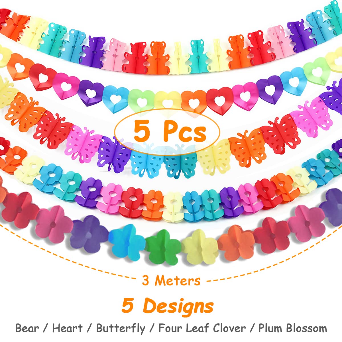 YUTOU 5pcs Colorful Paper Garland Set - 3m Each, Multicolor, Straight, Party Decoration for Birthdays Weddings, Carnivals - Image 2