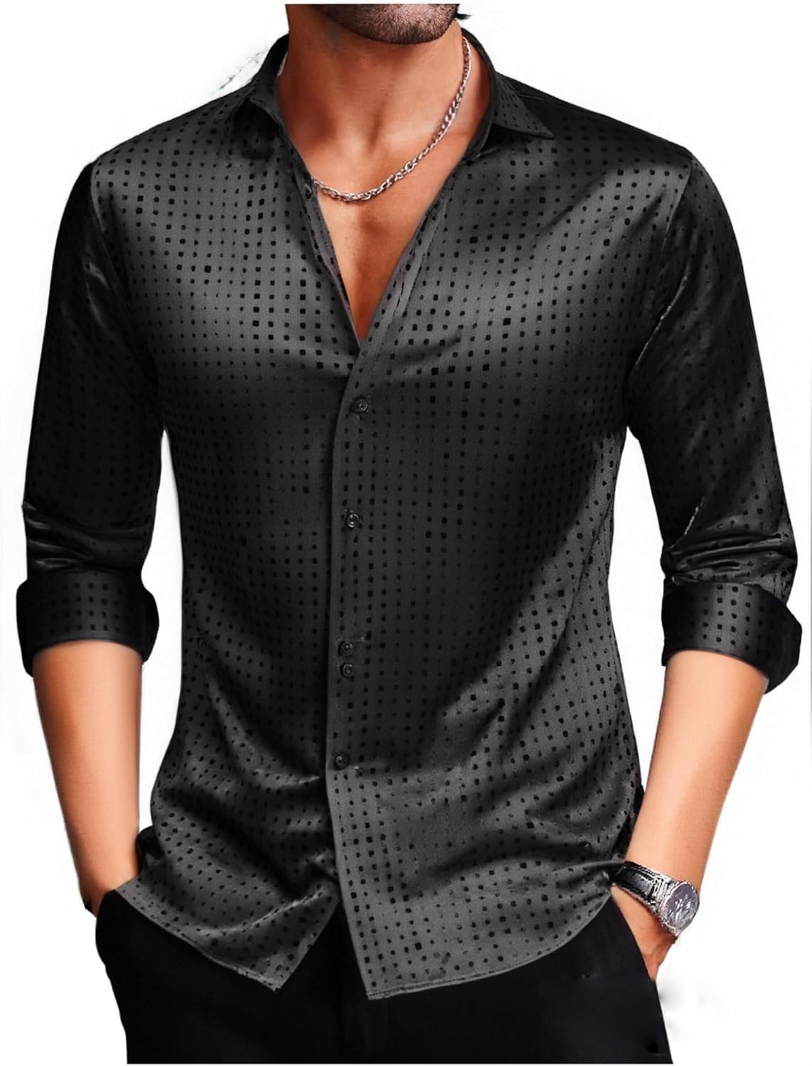 Damipow Men's Silk Satin Dress Shirts Long Sleeve Casual Button Down Shirt Party Prom Wedding Shirt - Image 2