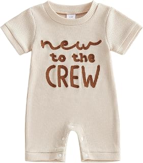 allshope Newborn Baby Boy Summer Outfit Romper Letter Embroidery Short Sleeve Jumpsuit Bodysuit Cute Infant Waffle Clothes