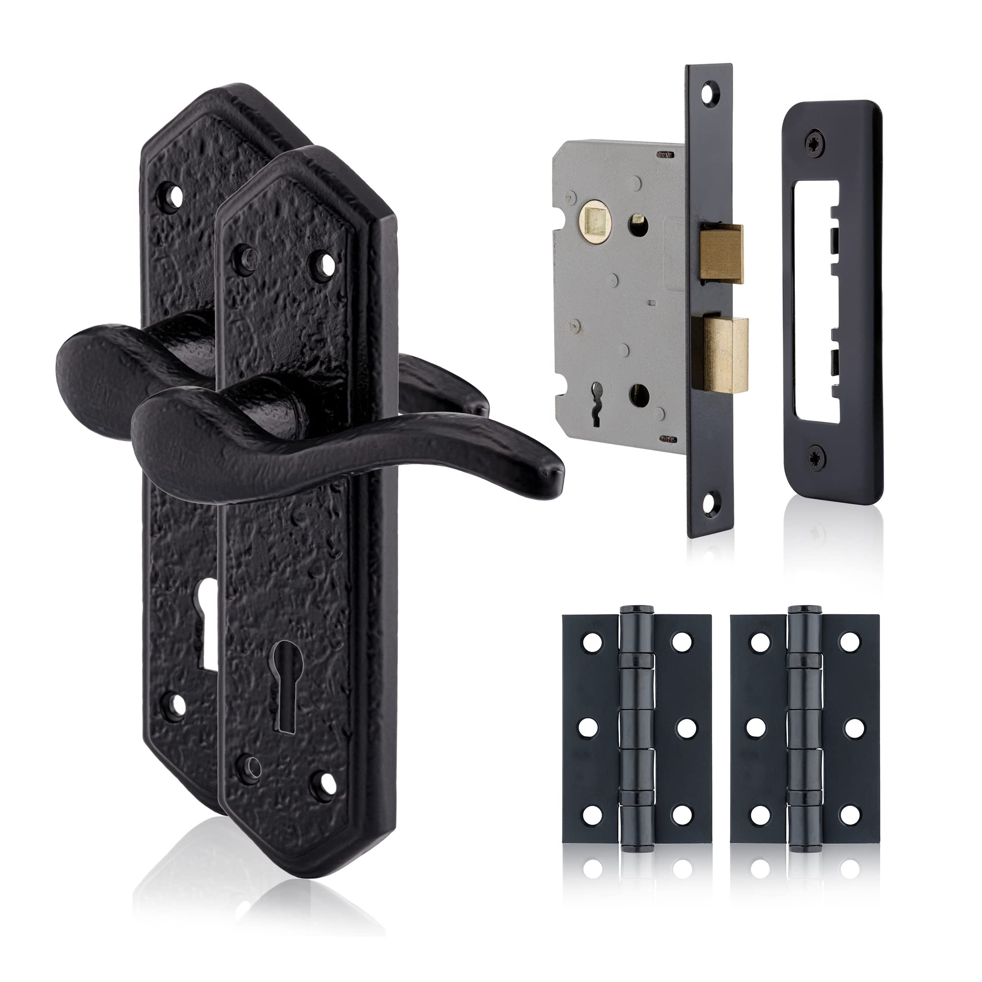 Xfort Black Antique Smithy's Range London Suite Lever Lock Pack Complete Set, Door Handles, 65Mm Sash Lock, 75Mm Ball Bearing Hinges, Internal Wooden Door Handles