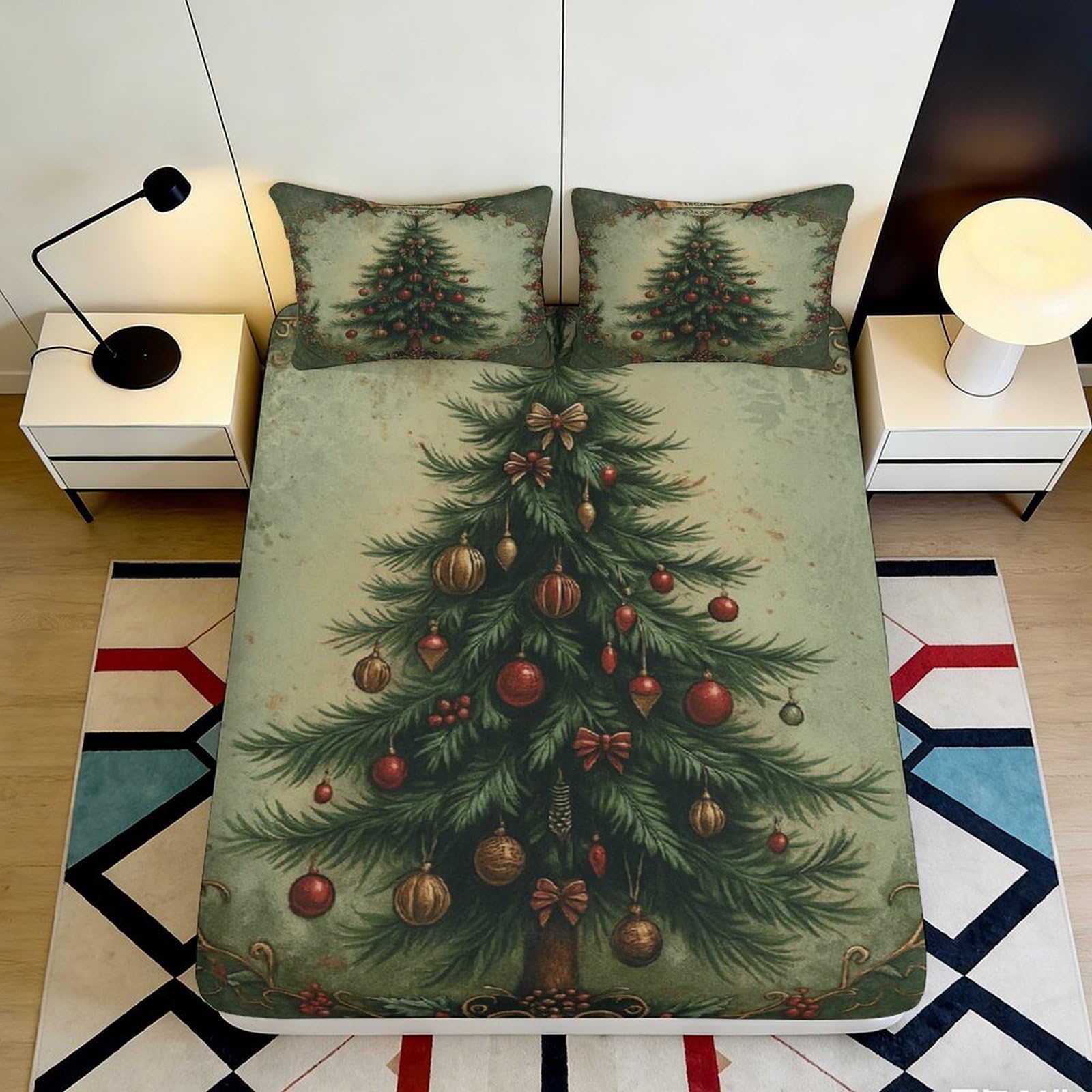 3D Printed Christmas Tree Fitted Sheet Microfiber Soft Non-Slip Bed Cover for Bedroom Guestroom Dorm Decorative Mattress Protector 90x200x25cm