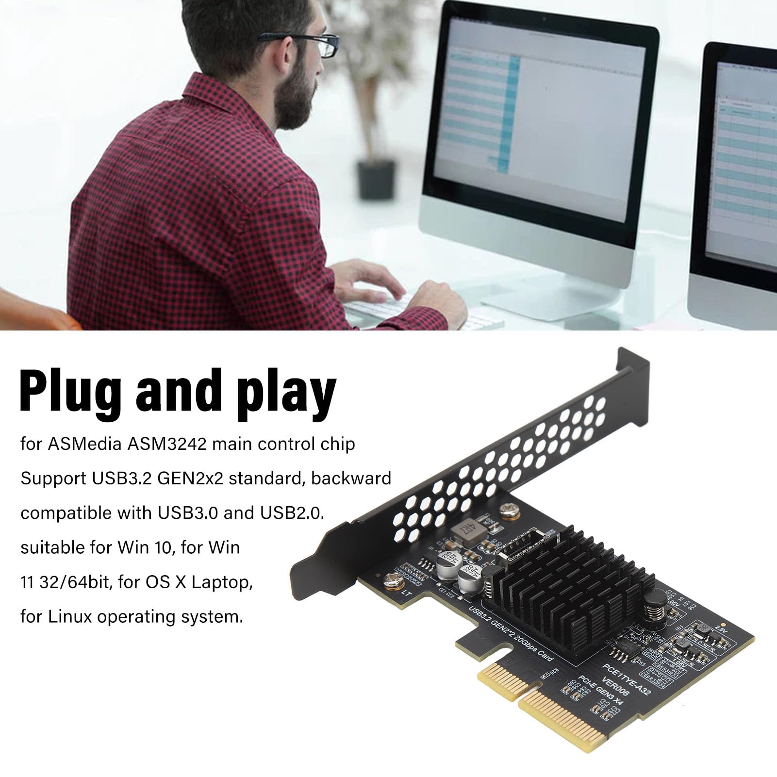 Scheda di Espansione USB 3.2 Gen 2 Scheda PCIe a USB 3. Ad Alta velocità da 20 Gbps per Desktop e Laptop con Chip di Controllo ASMedia ASM3242