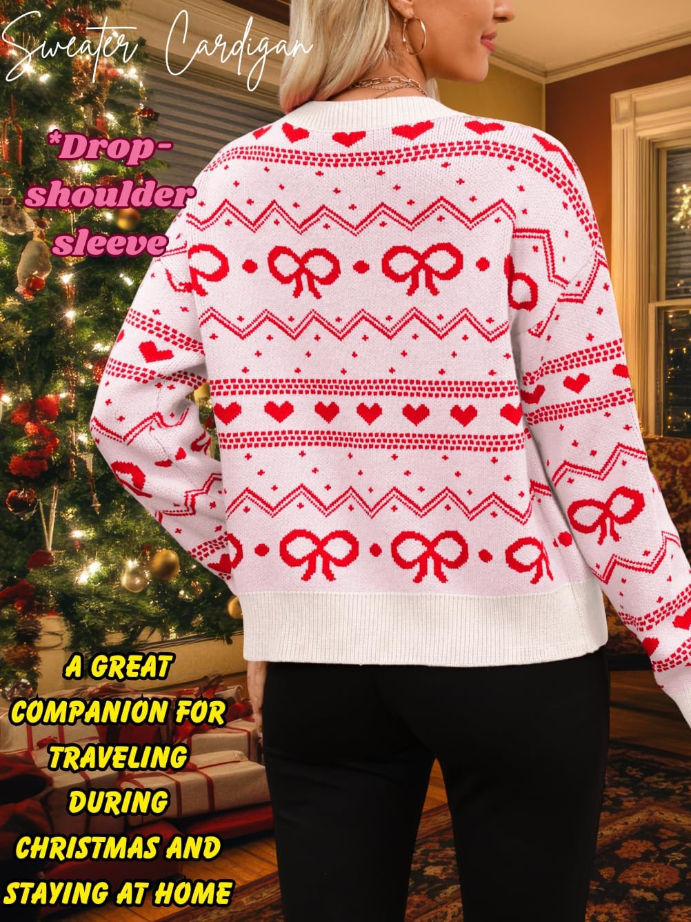 Womens Cute Bow Heart Cardigan, Crew Neck Button Up Striped Cardigan, Valentines Christmas Sweaters Holiday Outfits - Image 4