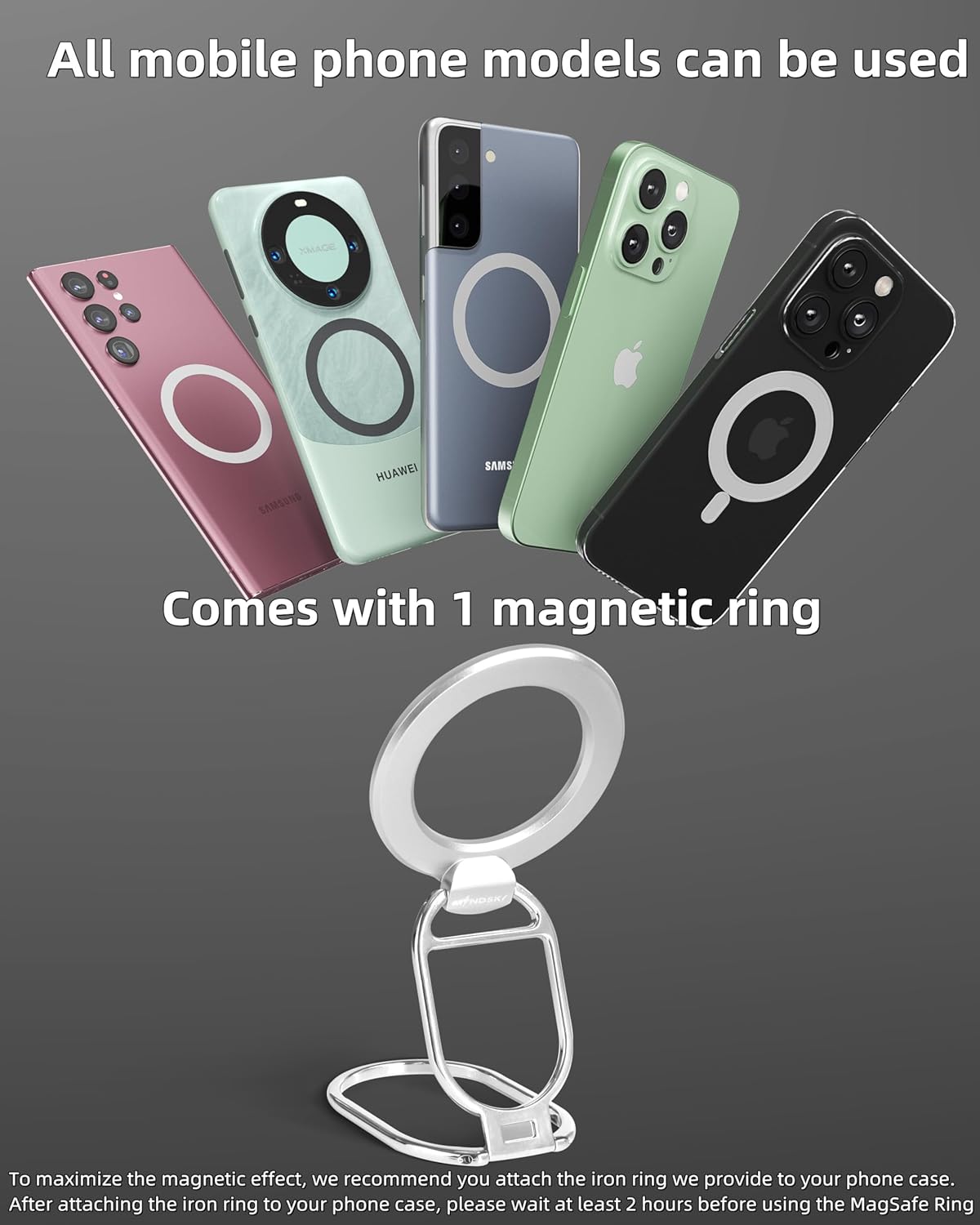 MINDSKY Phone Stand Phone Grip Compatible with iPhone 12/13/14/15 Mini/Pro/Pro Max Accessories Removable Magnetic Finger Phone Ring Grip (Silver)