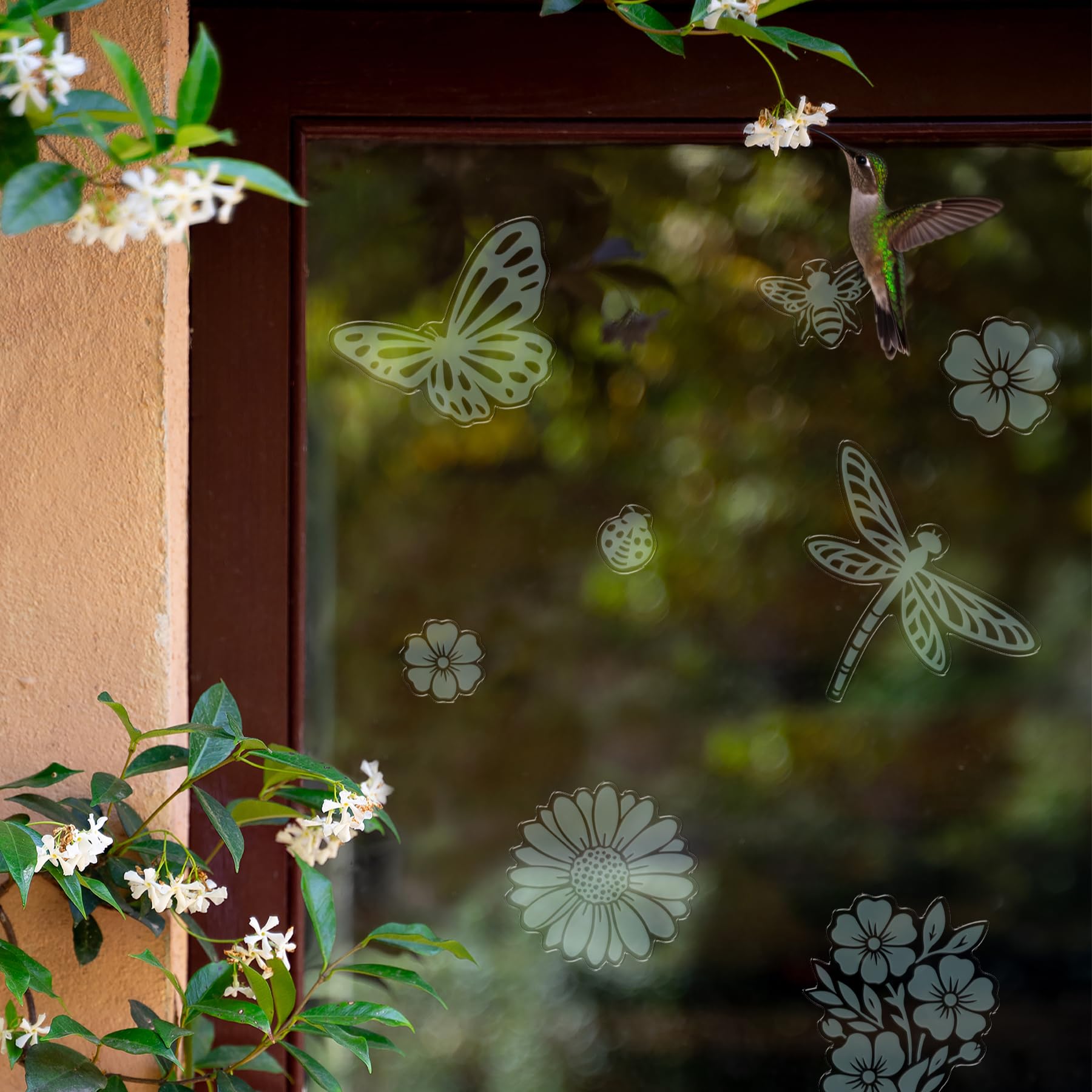 Wings & Blooms UV-Reflective Bird Deflectors | Pollinator & Floral Window Clings | Static Cling, Residue-Free