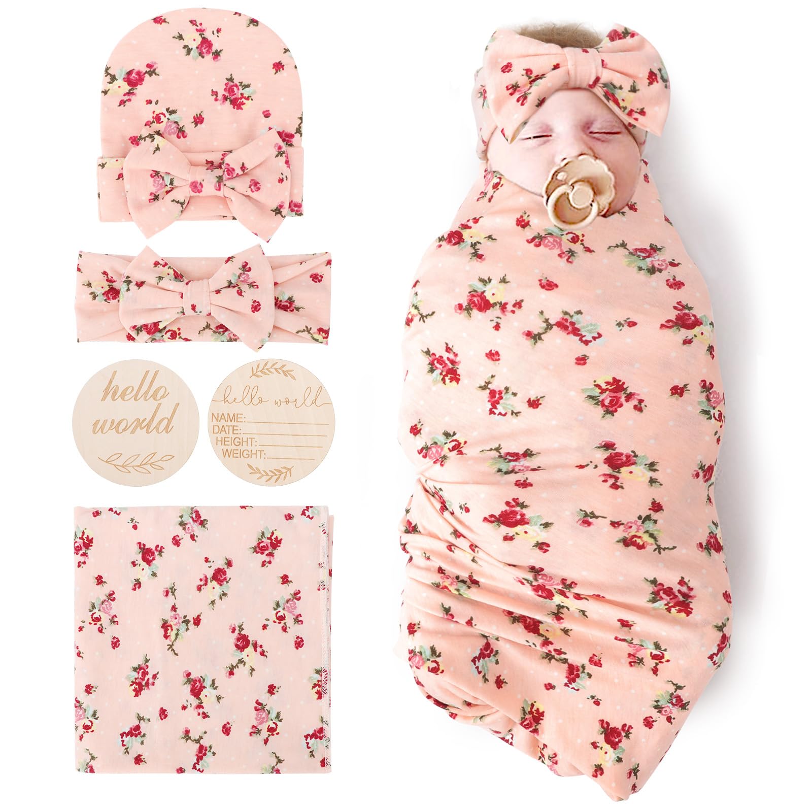 DRESHOW BQUBO Baby Girl Newborn Floral Receiving Blankets with Bow Hat Headband Wooden Birth Announcement Card Set Newborn Baby Swaddling Hats