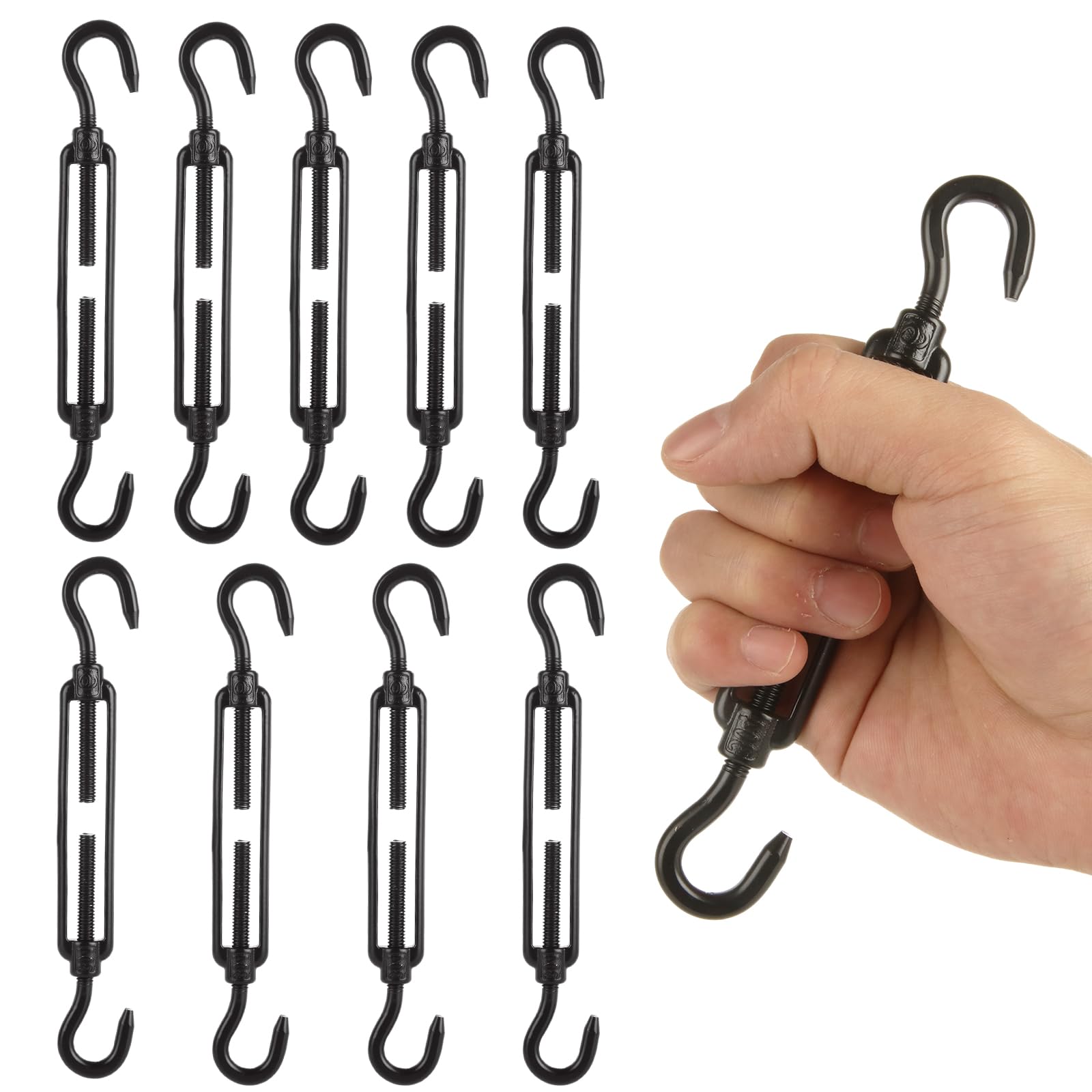 10PCS Turnbuckles, M6 Turnbuckle Hook and Hook Anti-Rust Turn Buckles 304 Stainless Steel Turnbuckle, Heavy Duty Hook to Hook Turnbuckle for Wire Rope Tension, Sun Shade Sail, Black