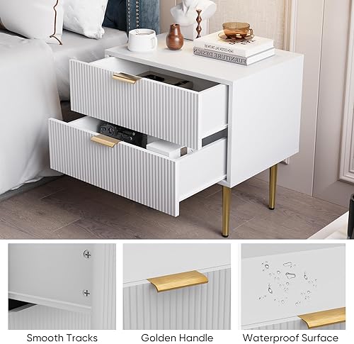 Miniatura 3 de Algherohein Mesita de noche blanca para dormitorio, mesita de noche acanalada, mesa auxiliar para sala de estar, mesita de noche moderna de mediados