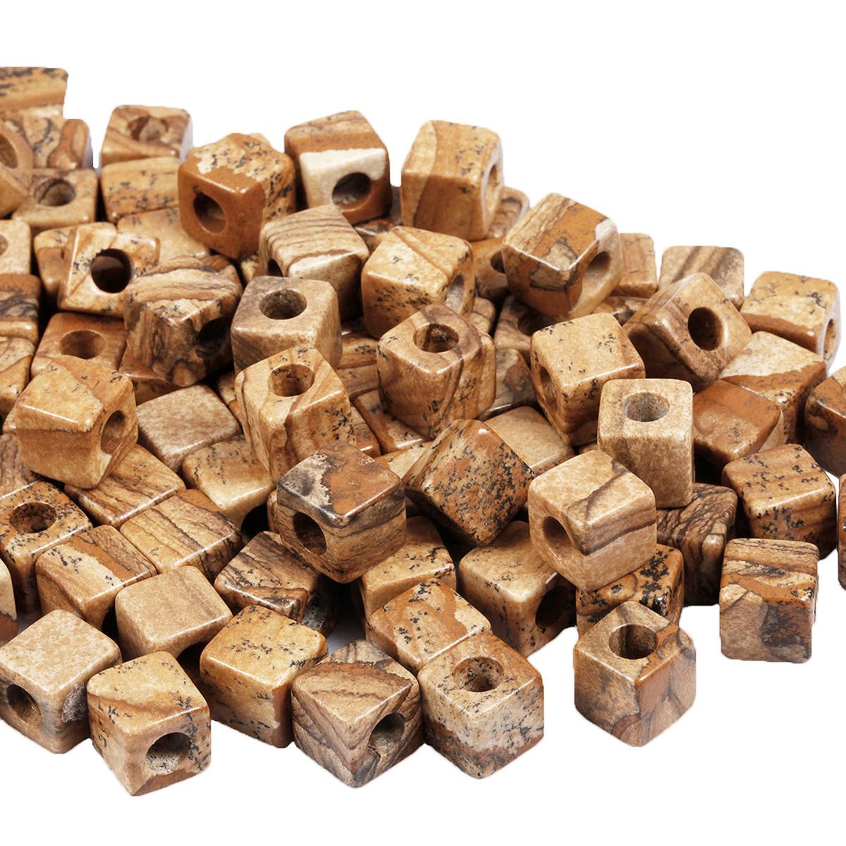 mookaitedecor 30pcs 10mm Natural Picture Jasper Cube Large Hole Gemstone Beads for Jewellery Making Square Spacer Loose Large Hole Crystal Stone Beads for Bracelet Making Crafting Macrame 5mm Hole - Image 2
