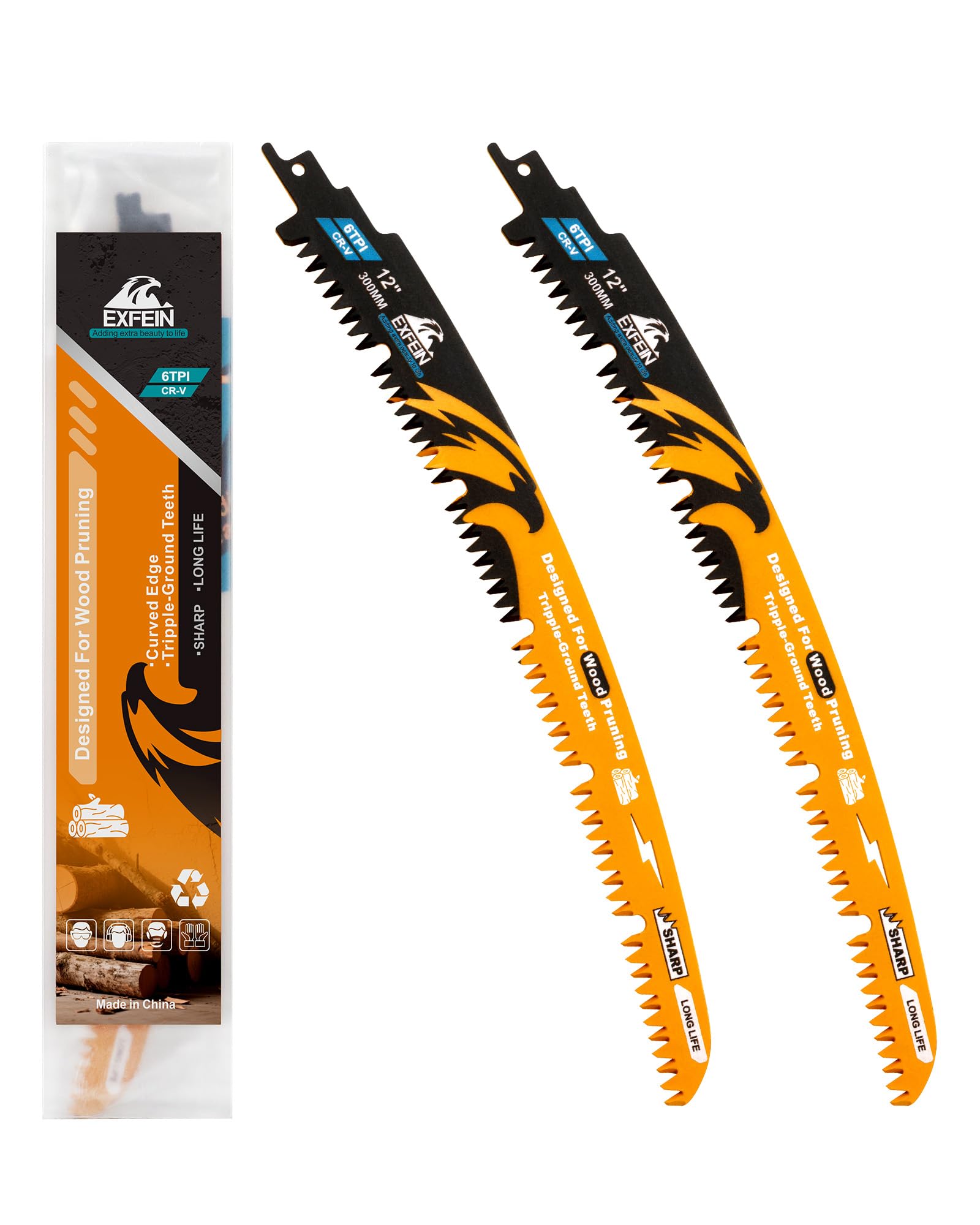 EXFEIN Japanese Teeth Reciprocating Saw Blades 300mm, Arc Edge Wood Pruning Saw Blades 6TPI for Tree Trimming, Wood Cutting, 2 Pieces