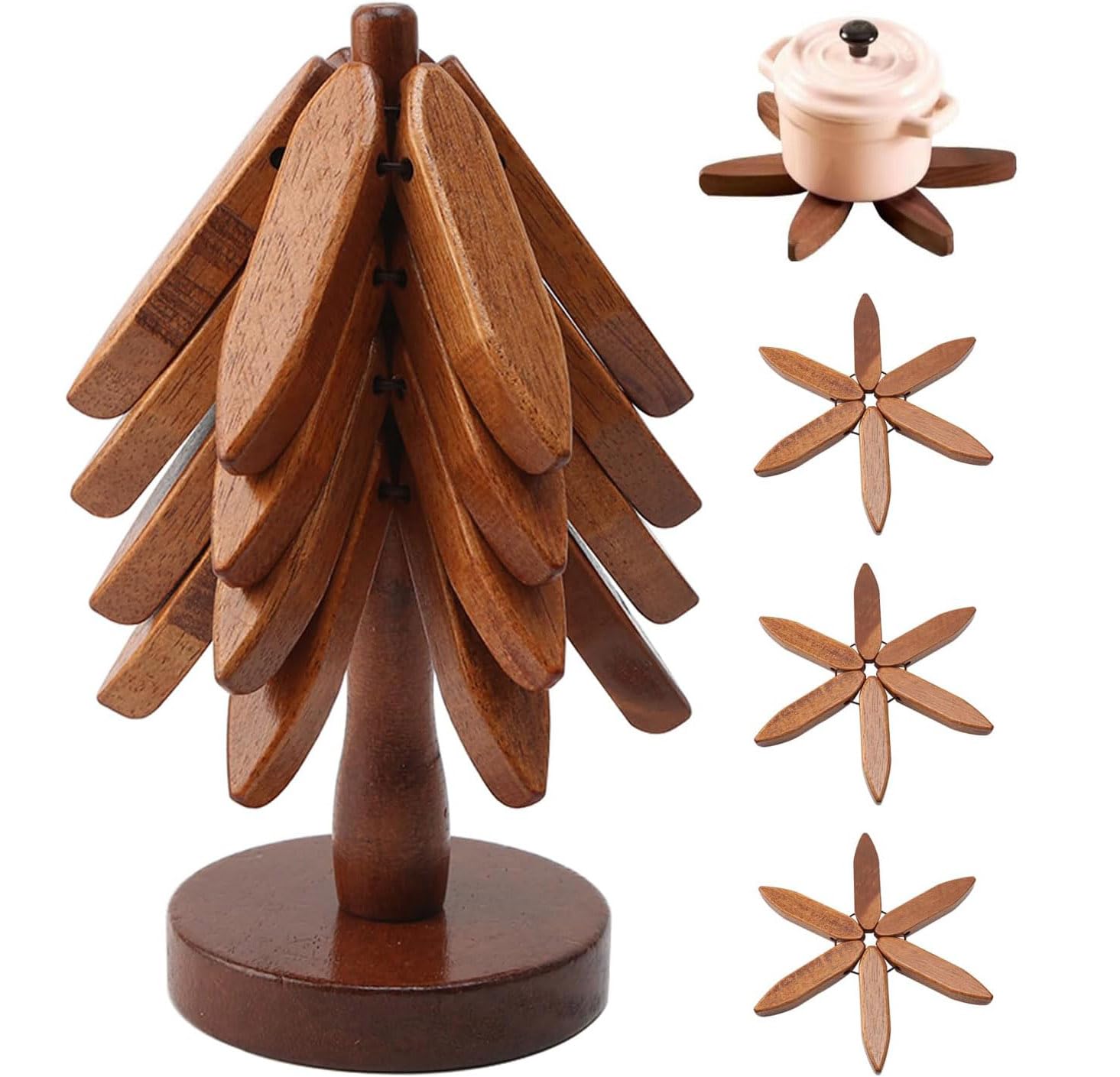 Tree Coasters Stackable, Wooden Trivet Set for Hot Pans, Decorative Trivets for Kitchen Worktops and Dining Table, Heat Resistant Wood Coasters with Storage Base, Rustic Home Decor Gift