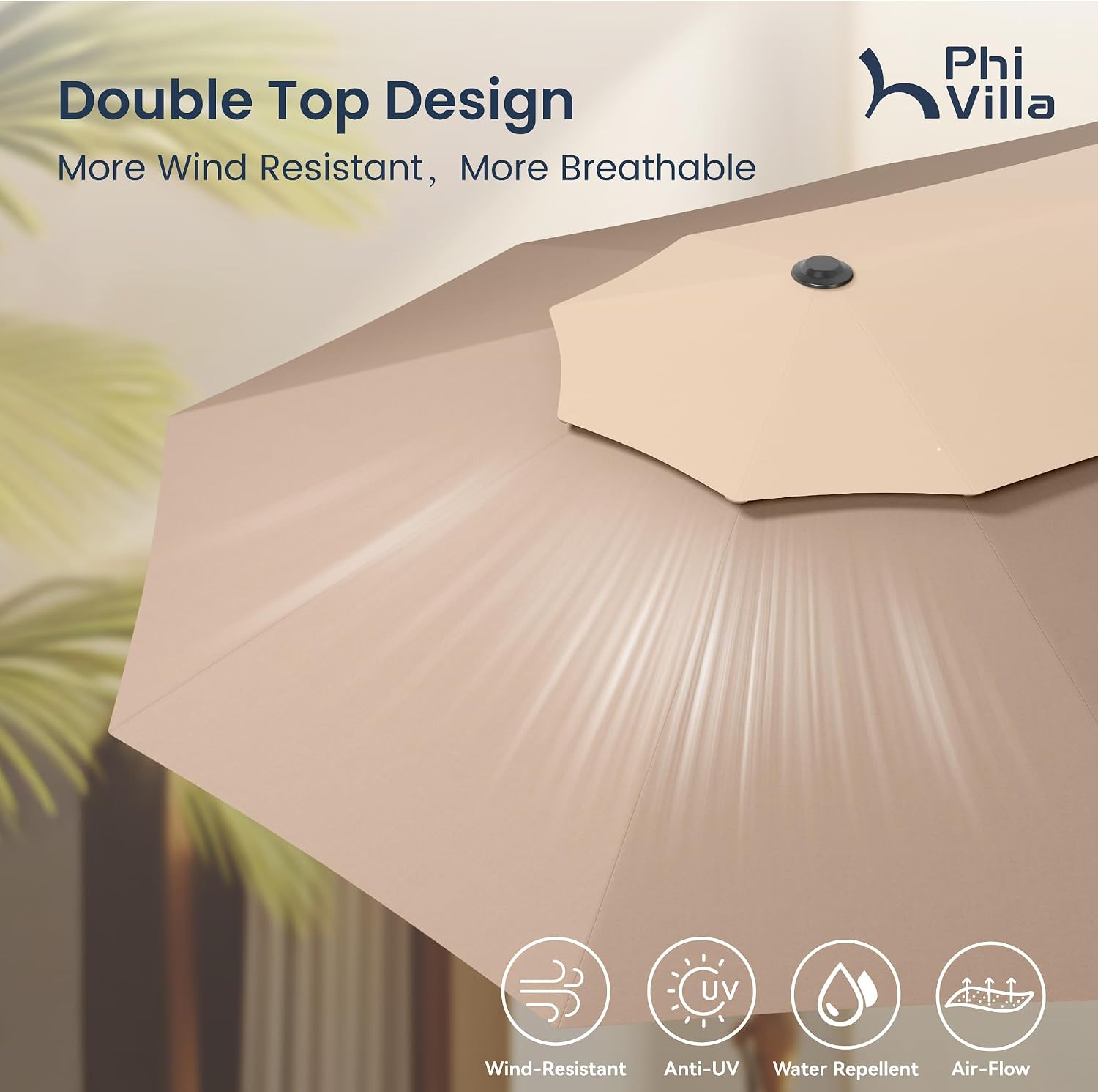 PHI VILLA 15ft Large Patio Umbrellas with Base Included, 2-Tier Outdoor Double-Sided Rectangle Market Umbrella with Stand, Outside Umbrellas for Poolside Lawn Backyard, Beige&Tan