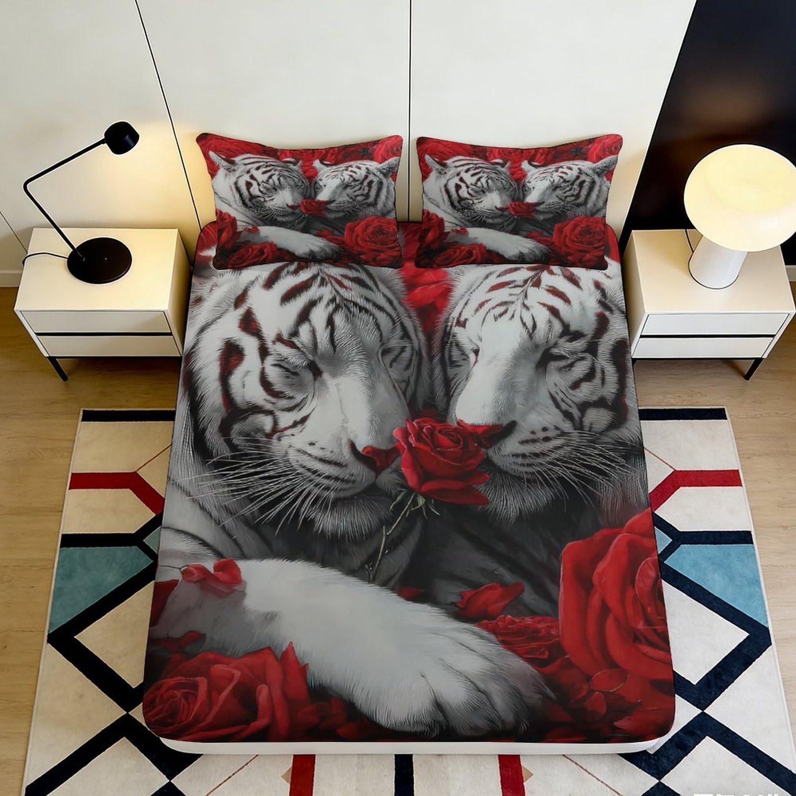 3D Printed White Tiger Rose Fitted Sheet Microfiber Non-Slip Bed Cover Machine Washable for Bedroom Guestroom 120x200x25cm