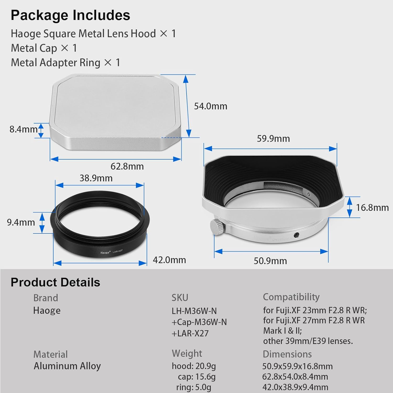Haoge 39mm Square Metal Lens Hood for Fujifilm X-E5 & XF 23mm f2.8 Set,XF27mm F2.8 R WR Lense for Leica M 35mm f2 M 28mm f 2.8, for Voigtlander 35mm f2 1.5