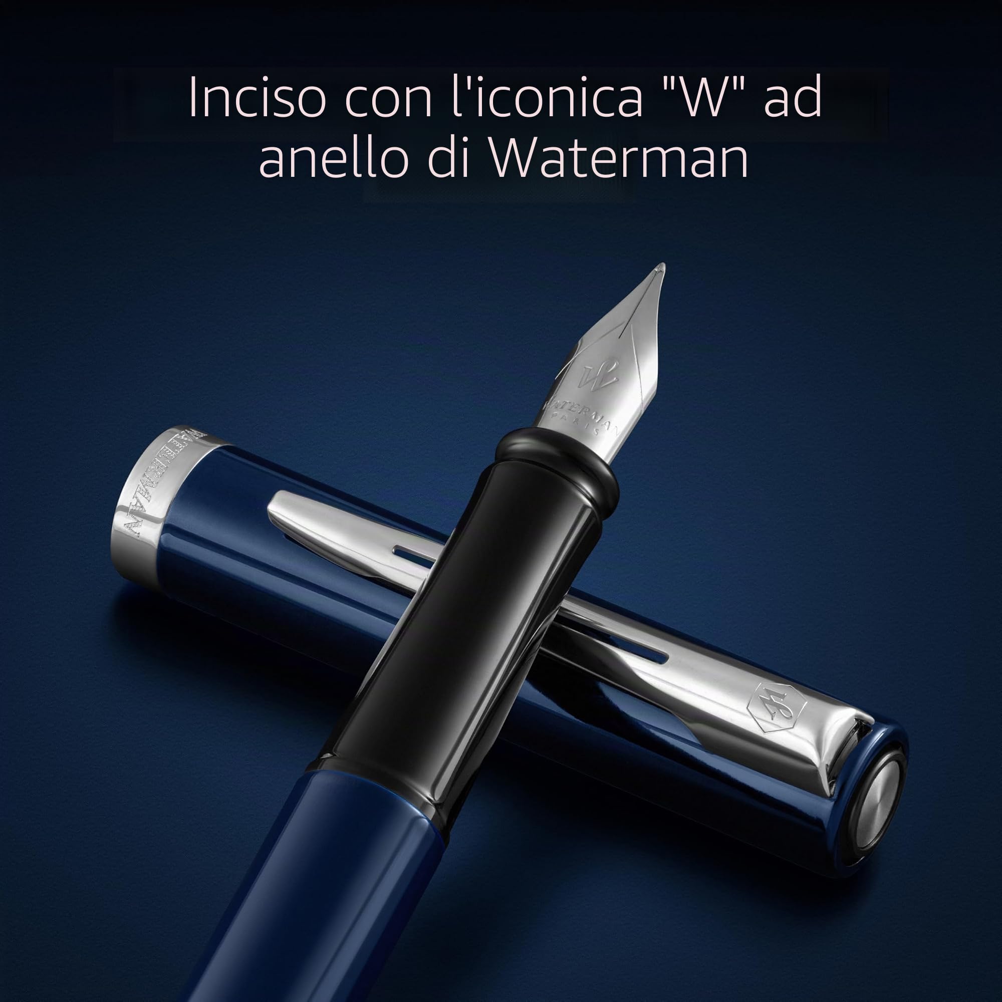 Waterman Impression Penna Stilografica | Pennino Medio con Ricarica di Inchiostro Blu | Lacca Blu con Rifiniture Placcate in Palladio | Confezione regalo