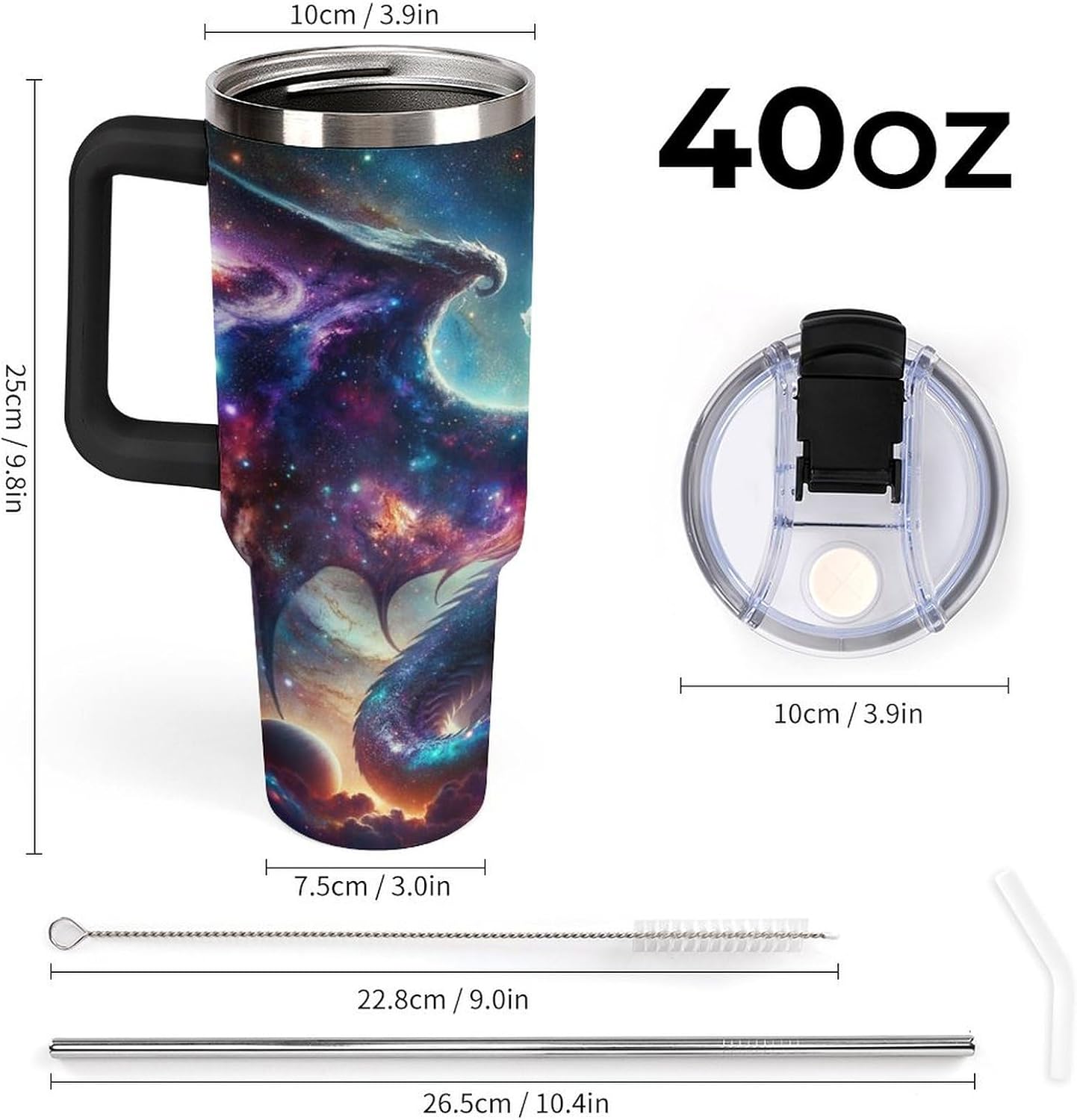 Cosmic Dragon Fantasy 40oz Tumbler with Straw And Lid Insulated Stainless Steel Travel Tumbler Coffee Cup Mug Water Bottle with Handle, Fits in Car Cup Holder