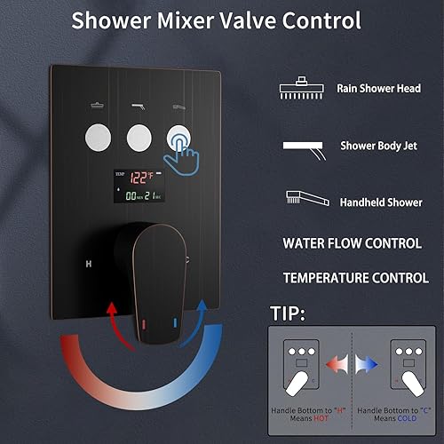 Miniatura 3 de Juego completo de grifos de ducha, sistema completo de ducha de bronce aceitado, pantalla digital de temperatura, botón desviador de grifo de ducha
