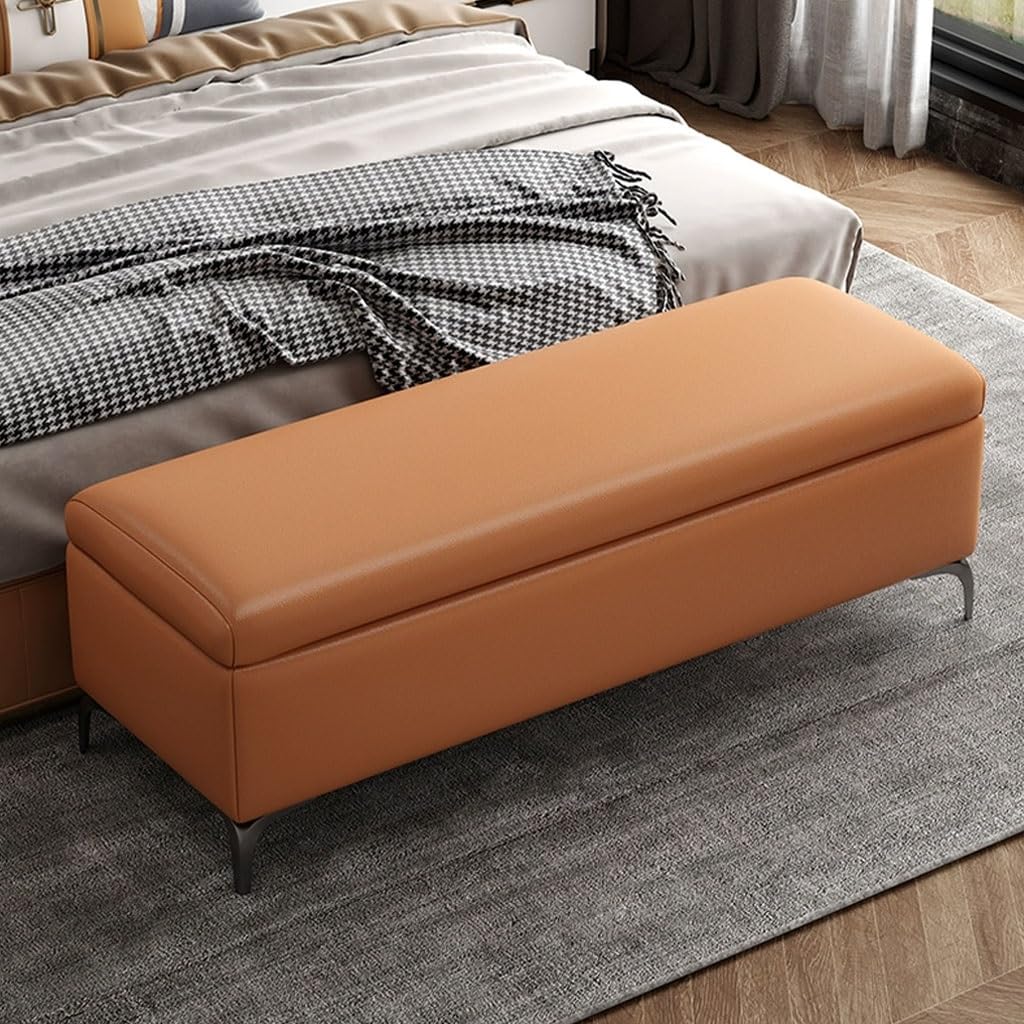 Ławka Pod Łóżko Ottoman, Bardzo Duża Skrzynia Do Przechowywania Tapicerowany Stołek, Skórzany Podnóżek Sofa Stołek Do Salonu, Podnóżek Z Odchylanym Blatem(Orange,70cm)