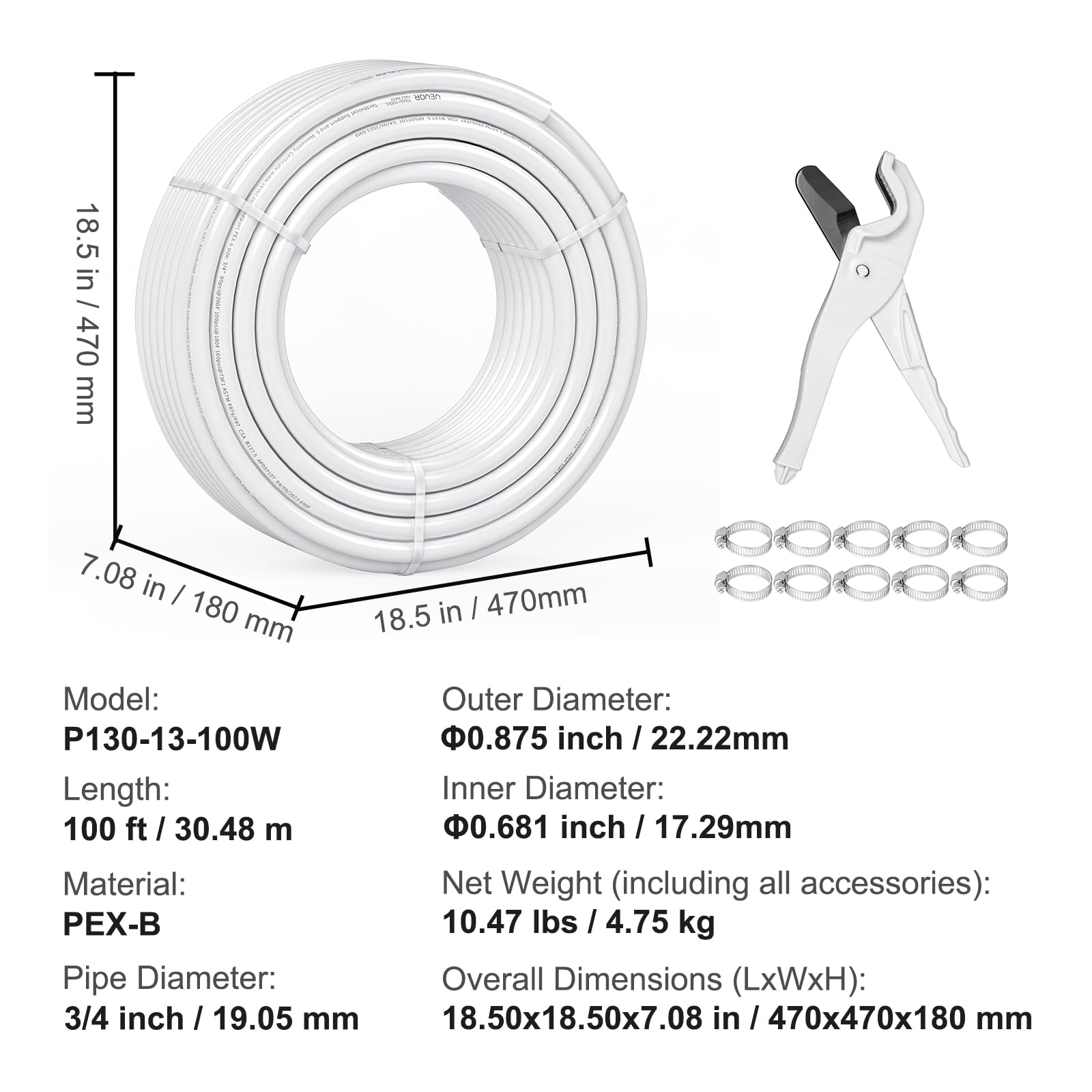 VEVOR PEX Pipe - Tubo flexible de 3/4 pulgadas, barrera sin oxígeno de 100 pies PEX-B para agua potable, para agua caliente/fría y restauración fácil, aplicaciones de fontanería con cortador y