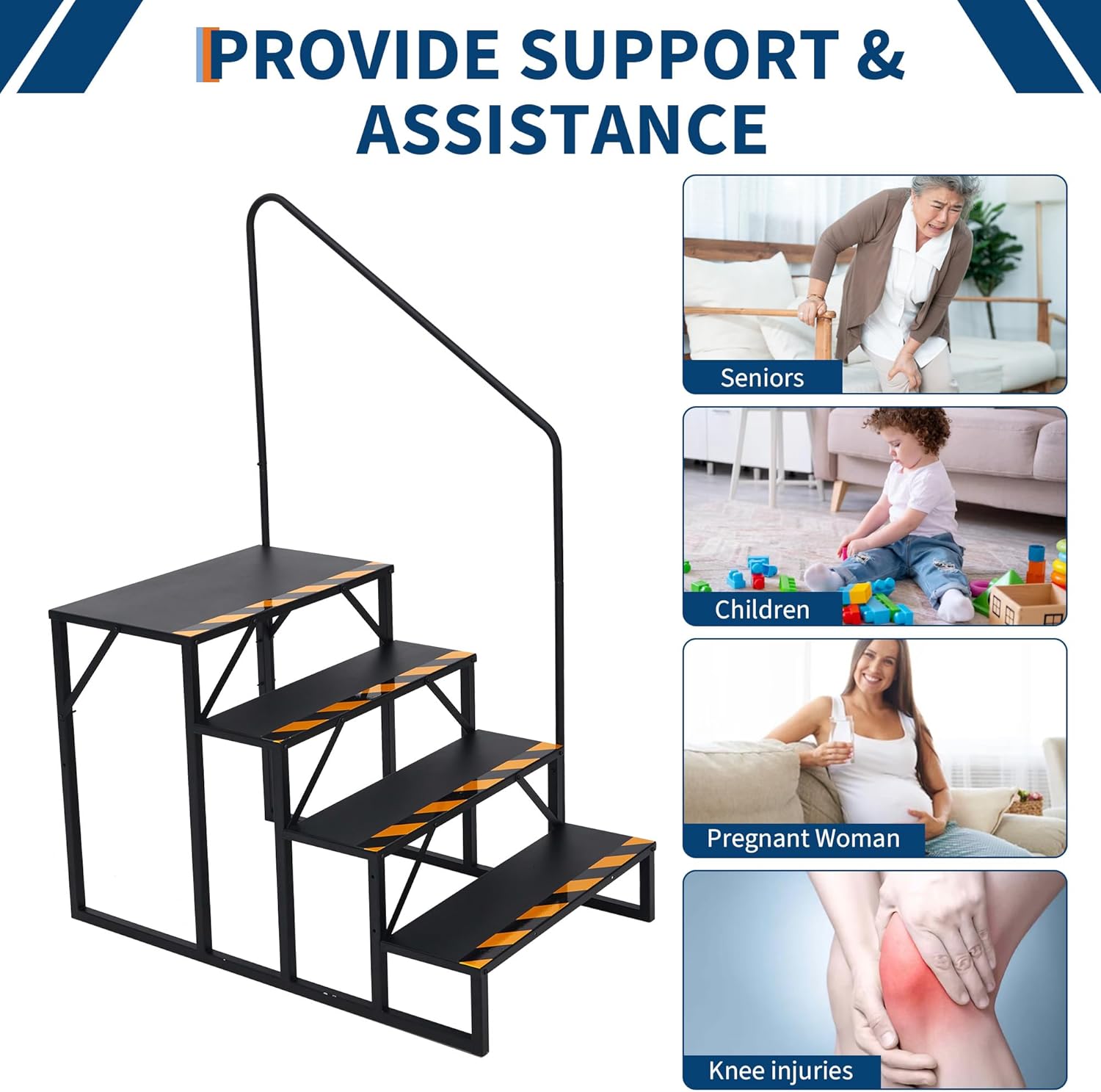 RV Steps with Handrails, 4 Step RV Stairs 660 Lbs Load Capacity,Portable Stairs Steps Steel Travel Trailers Ladder Step Ladder with Anti-Slip Panel, Mobile Home Stairs for Travel Trailers
